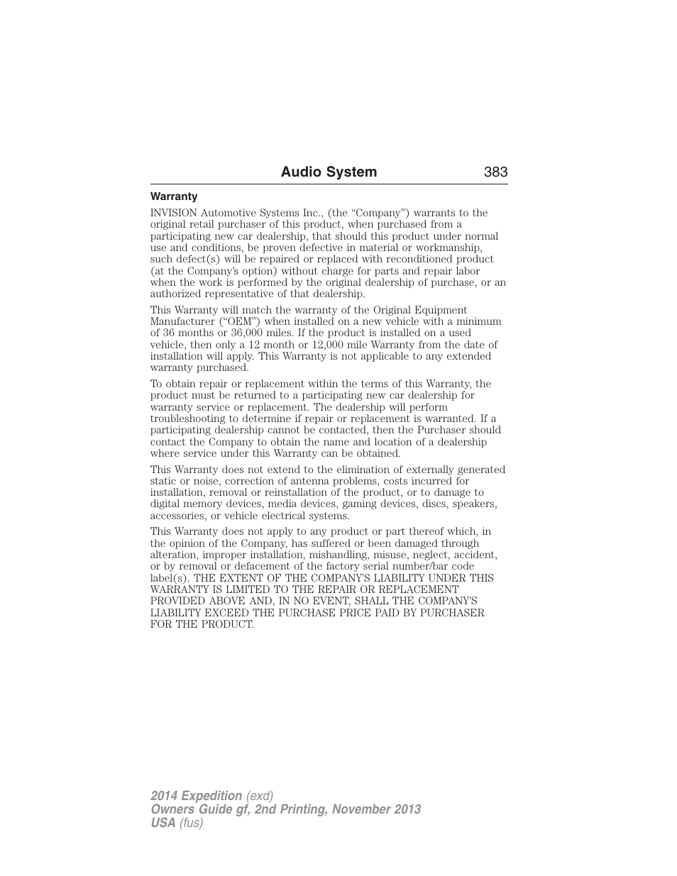 Warranty, Audio system 383 | FORD 2014 Expedition v.2 User Manual | Page 384 / 529