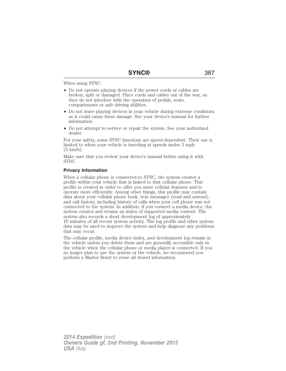 Privacy information, Sync® 387 | FORD 2014 Expedition v.2 User Manual | Page 388 / 529