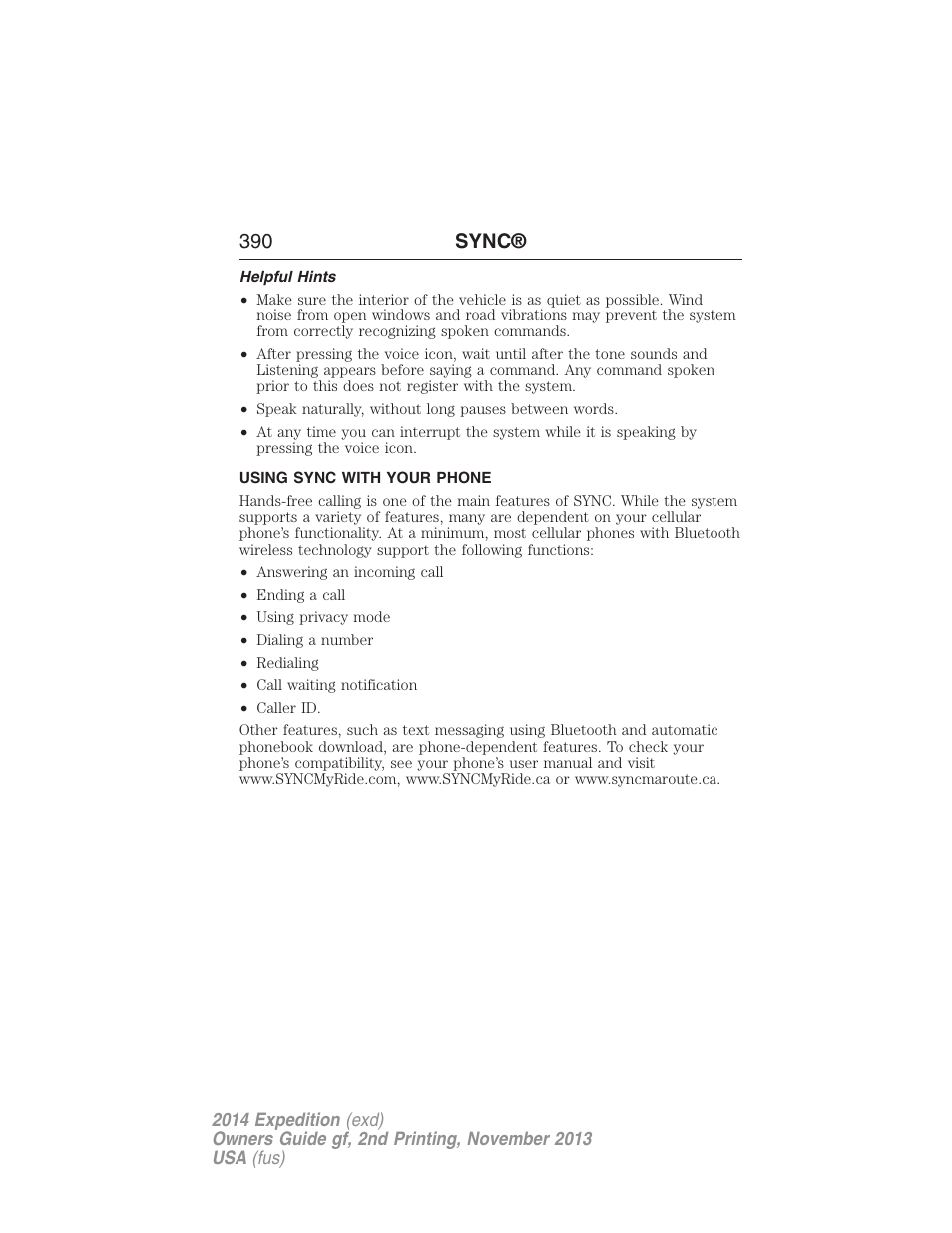 Helpful hints, Using sync with your phone, 390 sync | FORD 2014 Expedition v.2 User Manual | Page 391 / 529