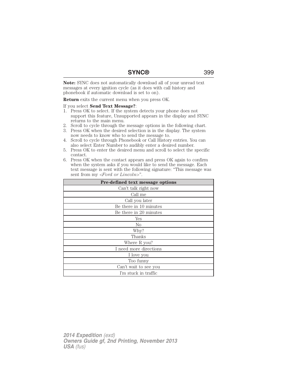 Sync® 399 | FORD 2014 Expedition v.2 User Manual | Page 400 / 529