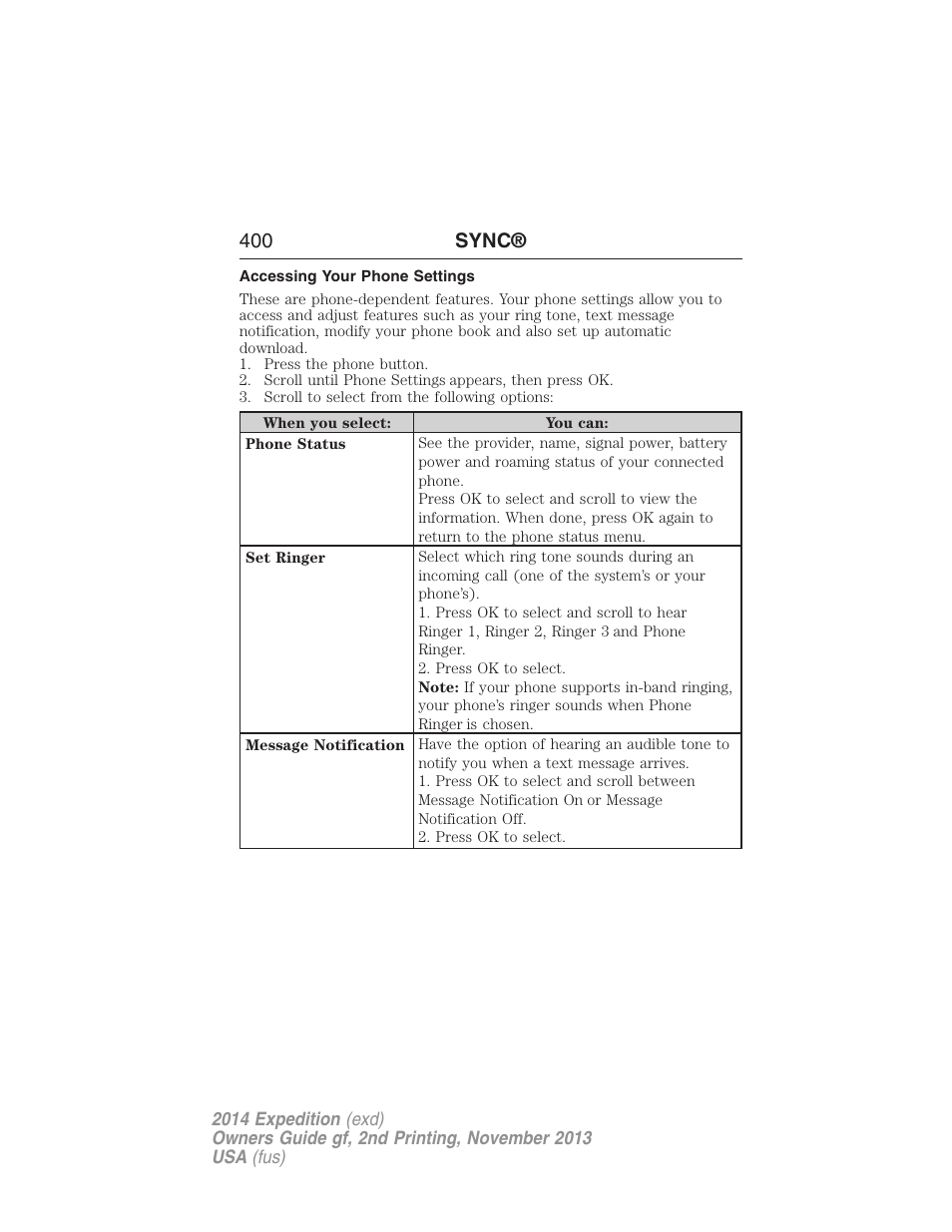 Accessing your phone settings, 400 sync | FORD 2014 Expedition v.2 User Manual | Page 401 / 529