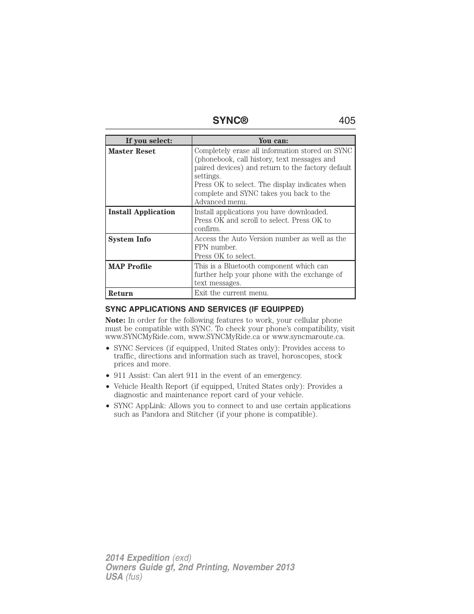 Sync applications and services (if equipped), Sync® 405 | FORD 2014 Expedition v.2 User Manual | Page 406 / 529