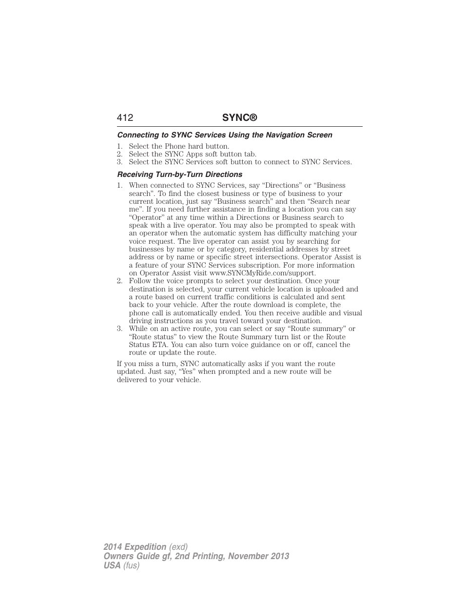 Receiving turn-by-turn directions, 412 sync | FORD 2014 Expedition v.2 User Manual | Page 413 / 529