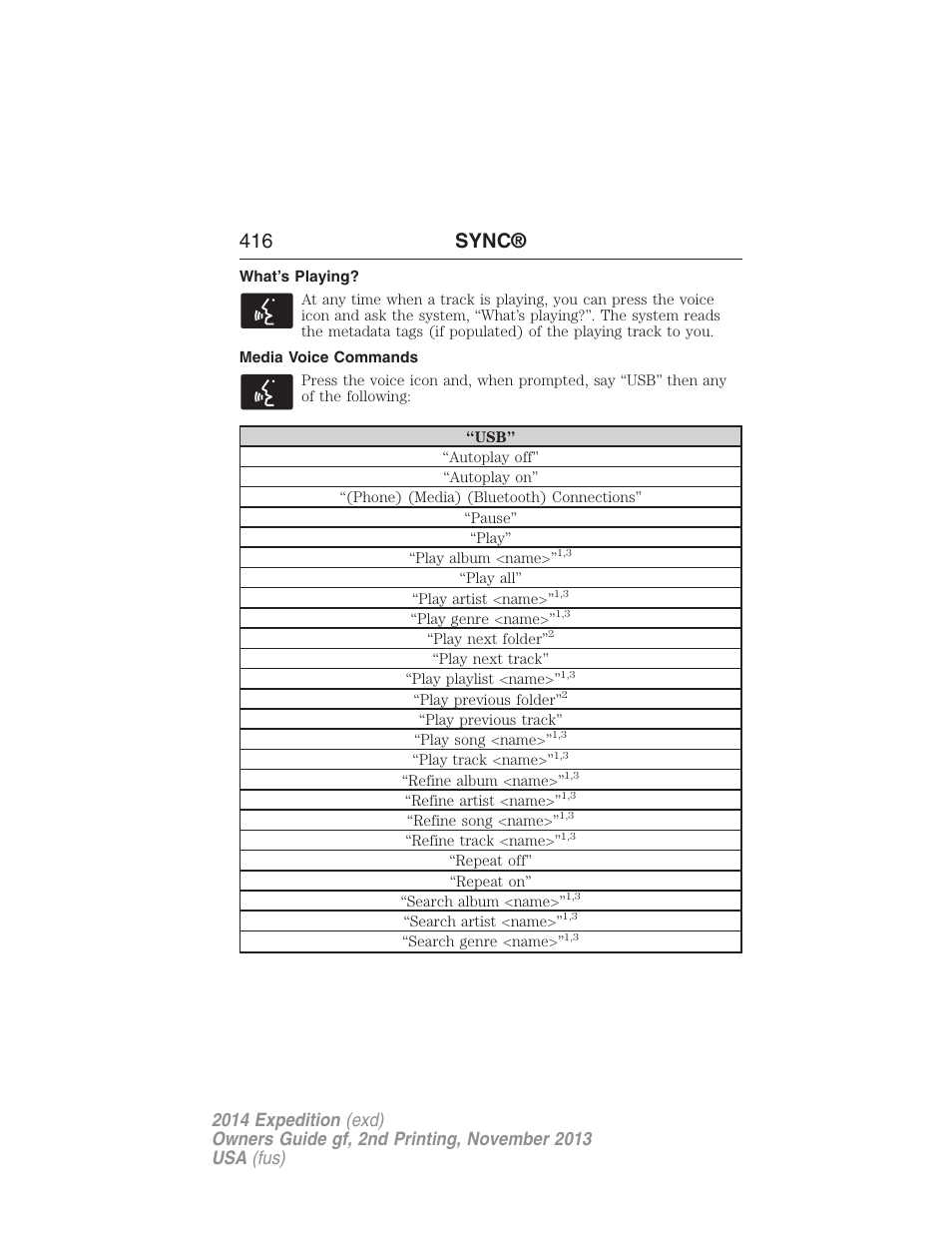 What’s playing, Media voice commands, 416 sync | FORD 2014 Expedition v.2 User Manual | Page 417 / 529