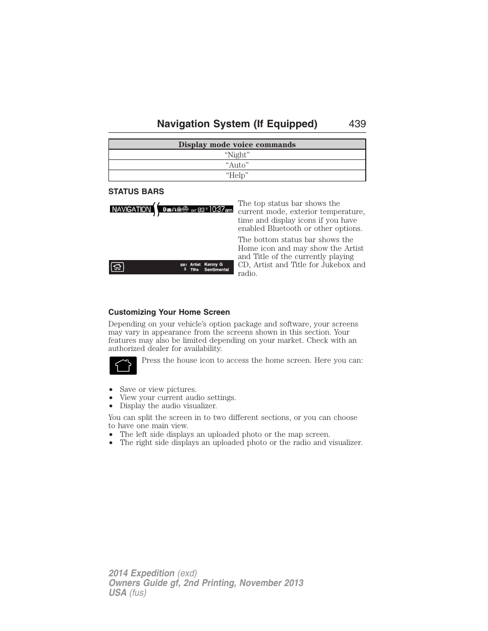 Status bars, Customizing your home screen, Navigation system (if equipped) 439 | FORD 2014 Expedition v.2 User Manual | Page 440 / 529