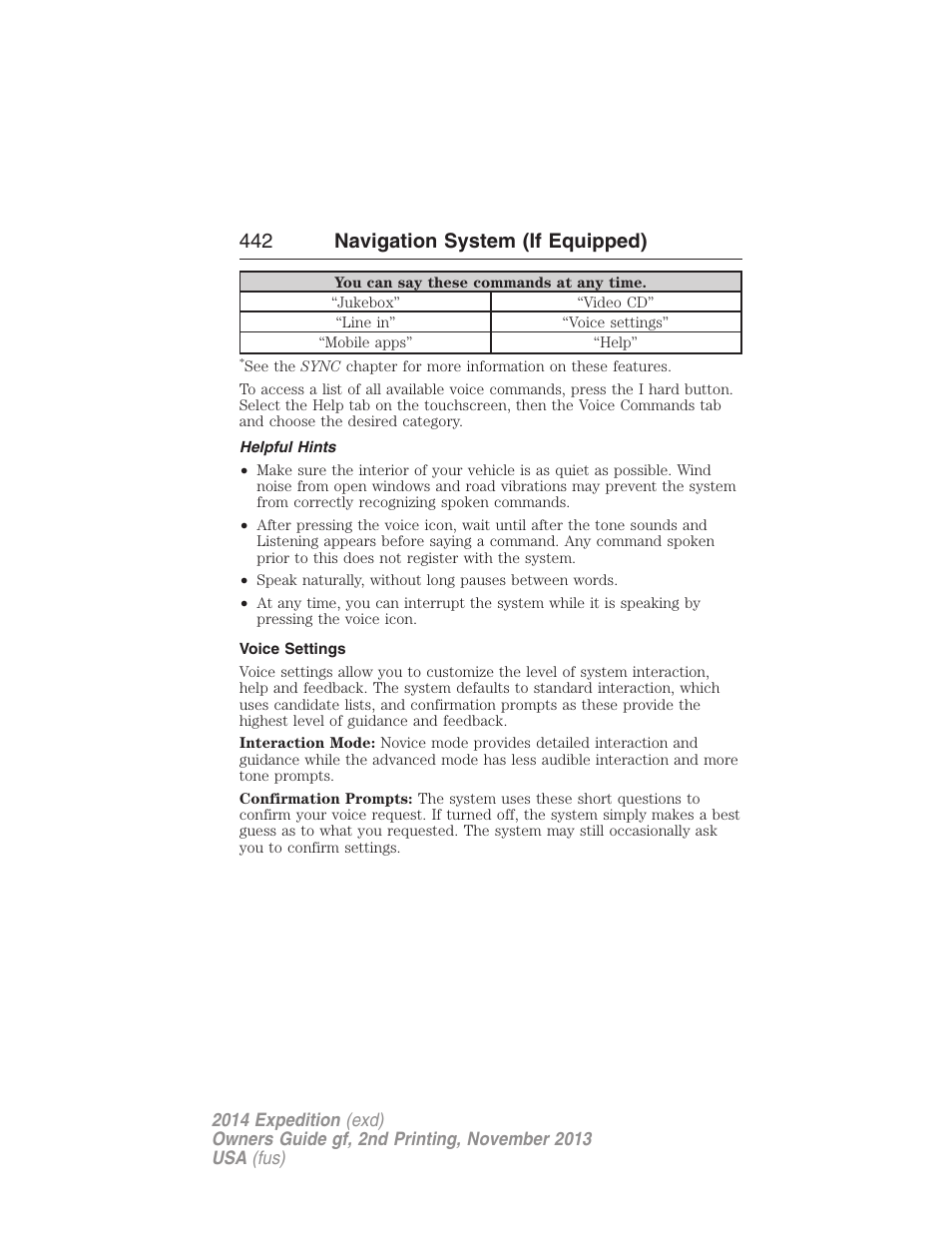 Helpful hints, Voice settings, 442 navigation system (if equipped) | FORD 2014 Expedition v.2 User Manual | Page 443 / 529