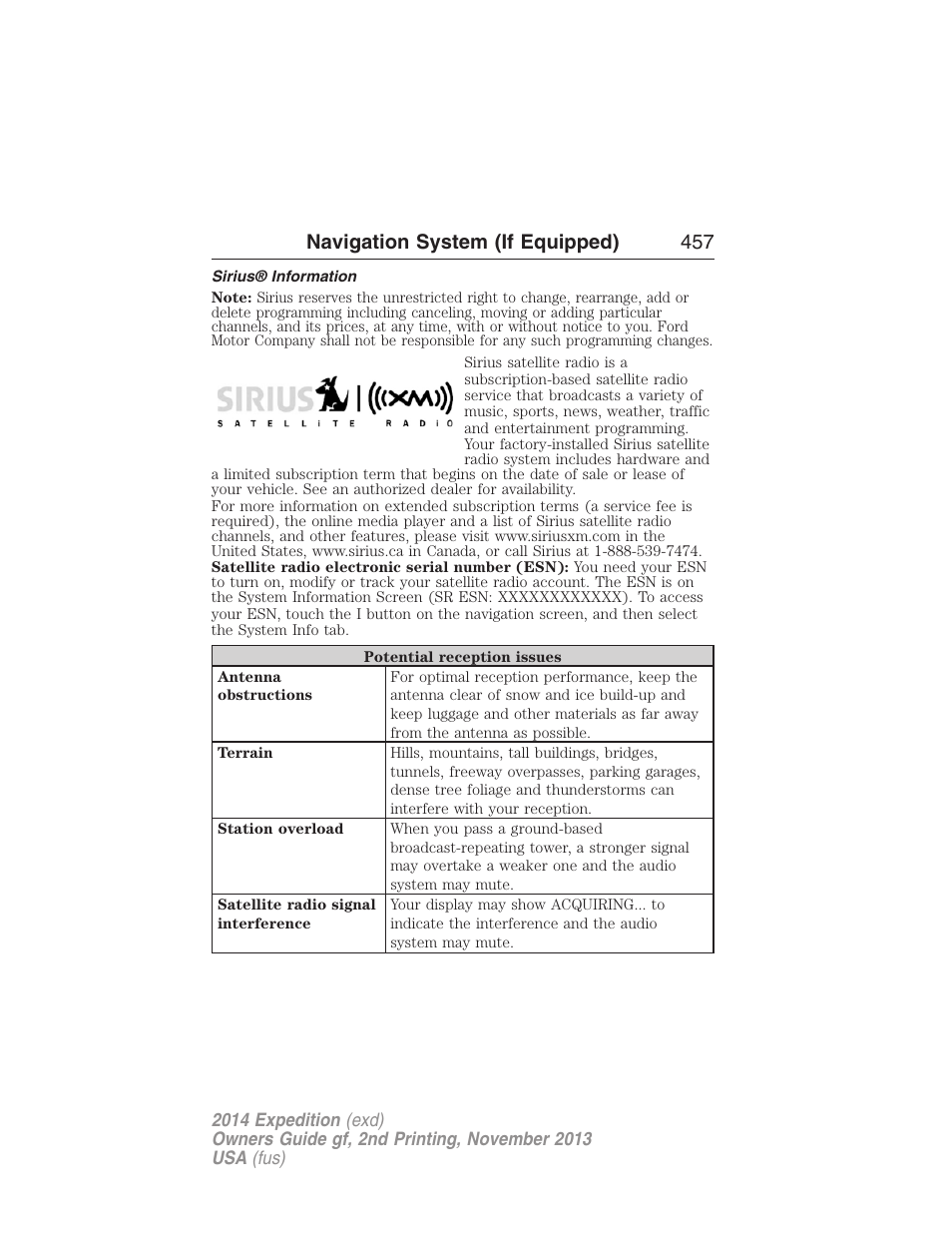 Sirius® information, Navigation system (if equipped) 457 | FORD 2014 Expedition v.2 User Manual | Page 458 / 529