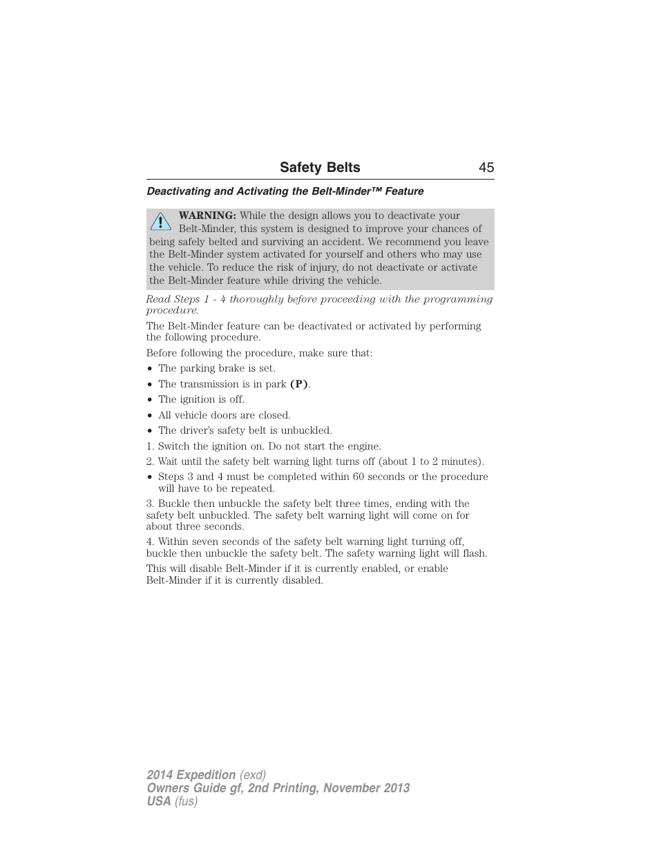 Safety belts 45 | FORD 2014 Expedition v.2 User Manual | Page 46 / 529