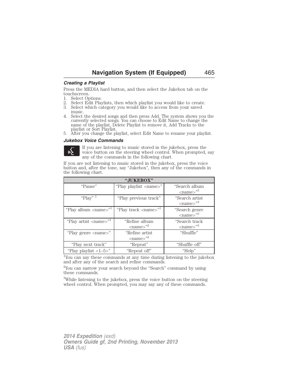 Creating a playlist, Jukebox voice commands, Navigation system (if equipped) 465 | FORD 2014 Expedition v.2 User Manual | Page 466 / 529