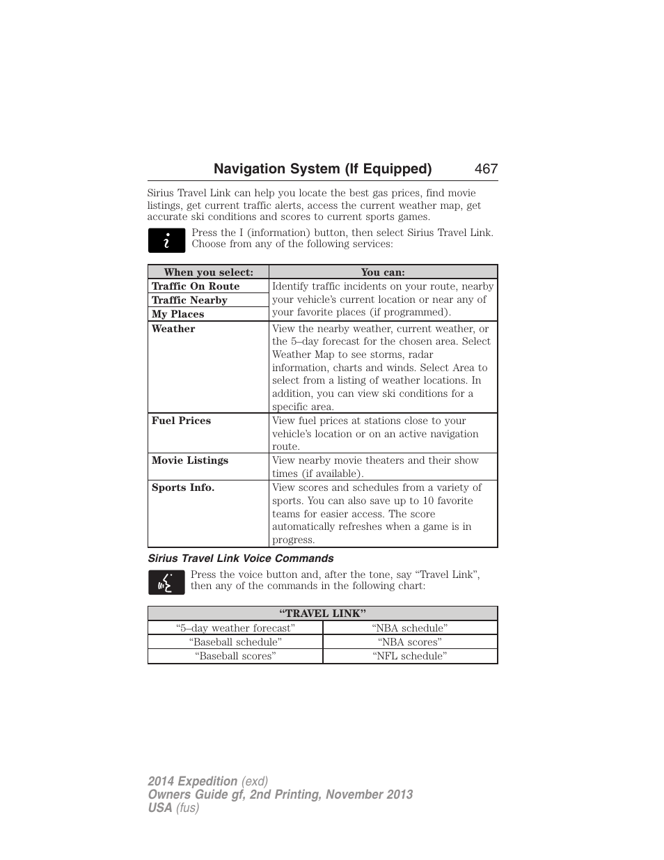 Sirius travel link voice commands, Navigation system (if equipped) 467 | FORD 2014 Expedition v.2 User Manual | Page 468 / 529