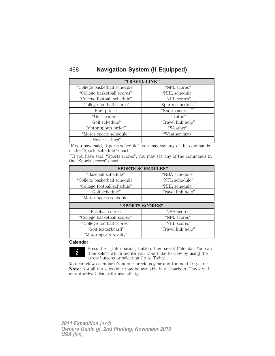 Calendar, 468 navigation system (if equipped) | FORD 2014 Expedition v.2 User Manual | Page 469 / 529