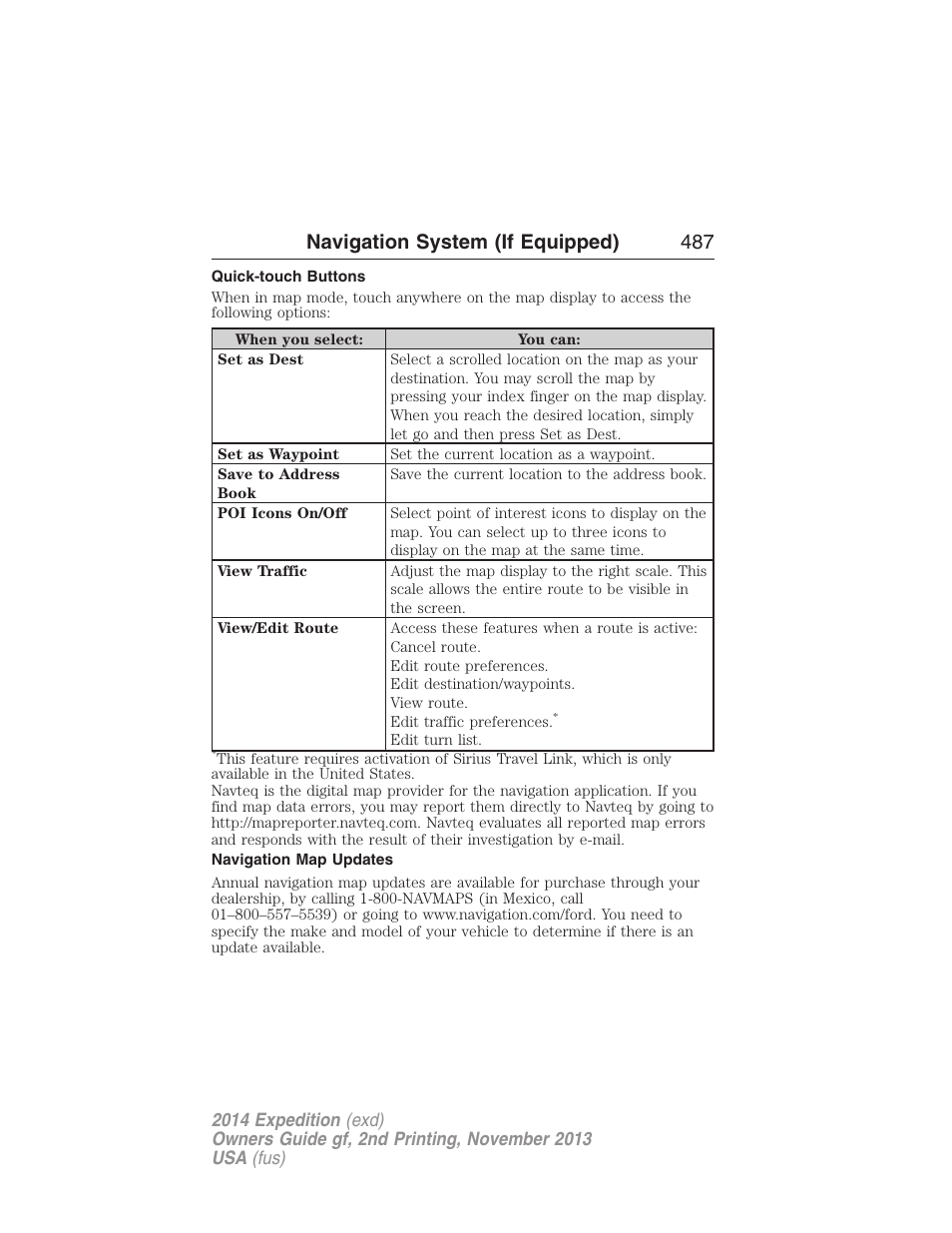 Quick-touch buttons, Navigation map updates, Navigation system (if equipped) 487 | FORD 2014 Expedition v.2 User Manual | Page 488 / 529