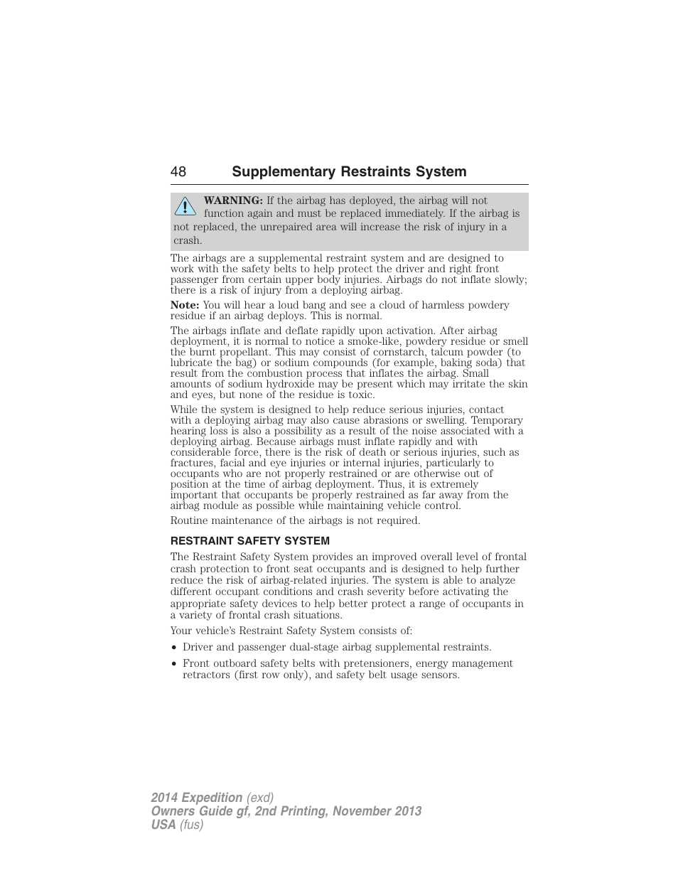 Restraint safety system, 48 supplementary restraints system | FORD 2014 Expedition v.2 User Manual | Page 49 / 529