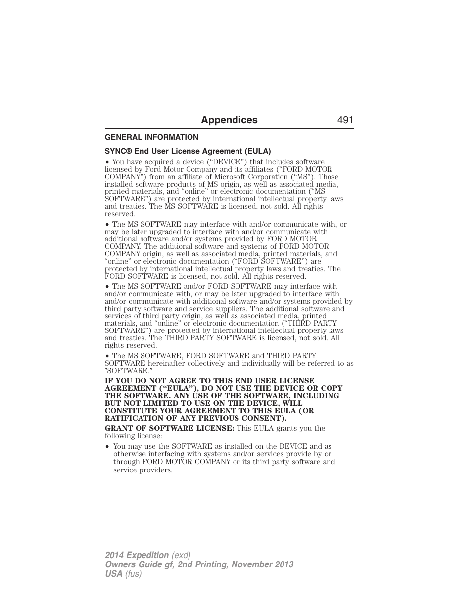 Appendices, General information, Sync® end user license agreement (eula) | Appendices 491 | FORD 2014 Expedition v.2 User Manual | Page 492 / 529