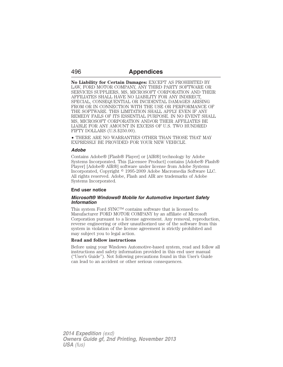Adobe, End user notice, 496 appendices | FORD 2014 Expedition v.2 User Manual | Page 497 / 529