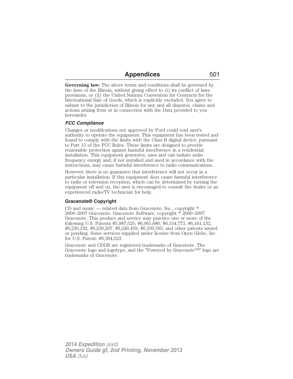 Fcc compliance, Gracenote® copyright, Appendices 501 | FORD 2014 Expedition v.2 User Manual | Page 502 / 529