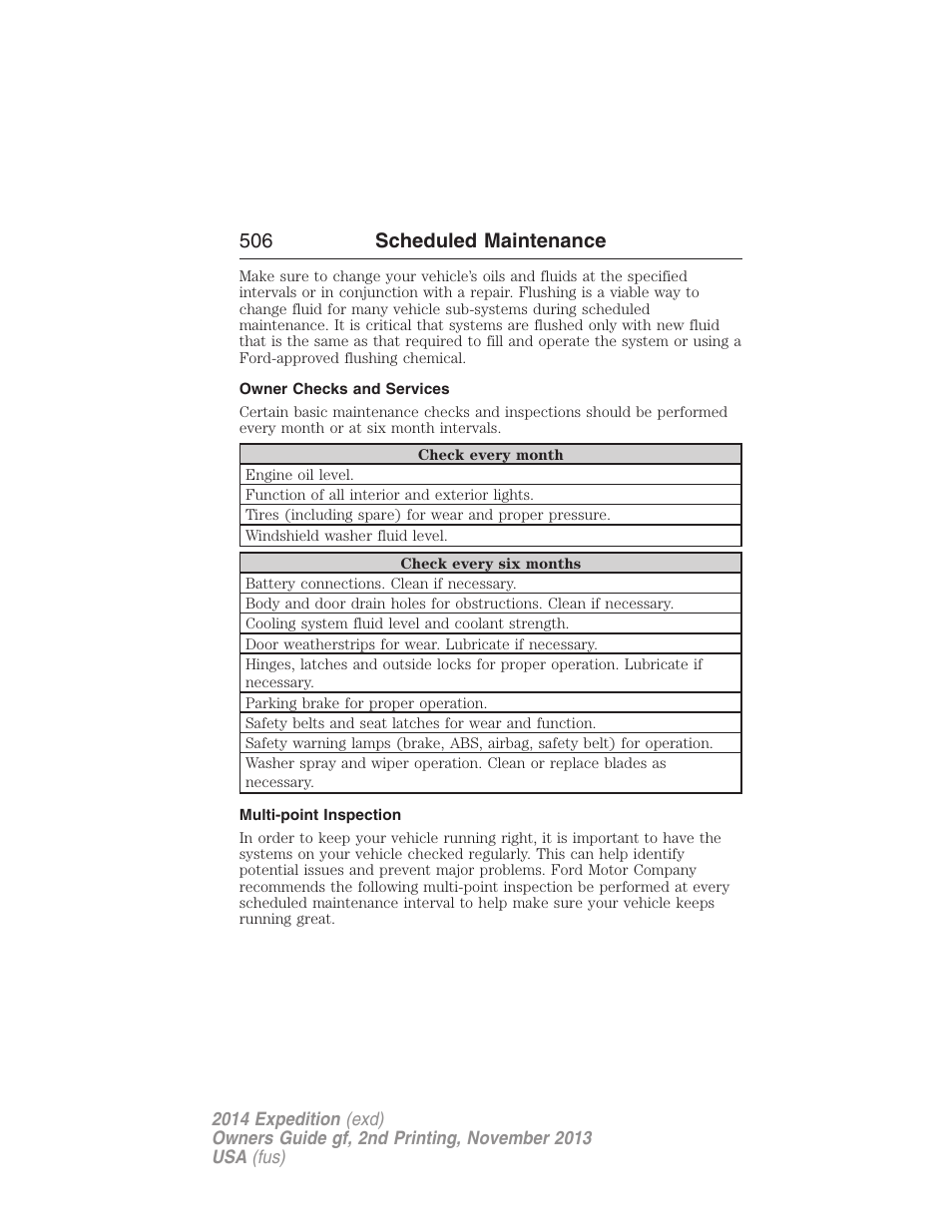 Owner checks and services, Multi-point inspection, 506 scheduled maintenance | FORD 2014 Expedition v.2 User Manual | Page 507 / 529