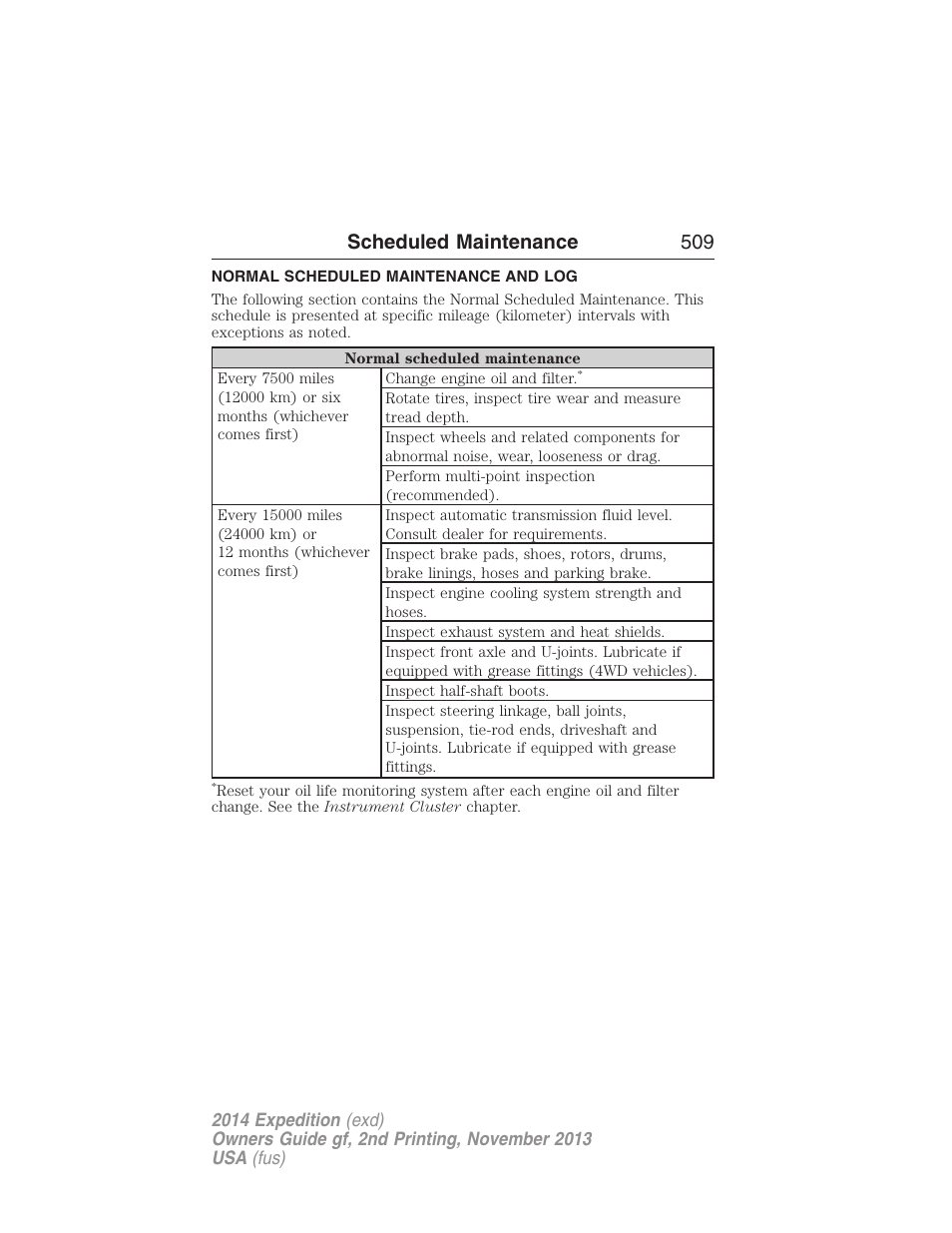 Normal scheduled maintenance and log, Scheduled maintenance 509 | FORD 2014 Expedition v.2 User Manual | Page 510 / 529