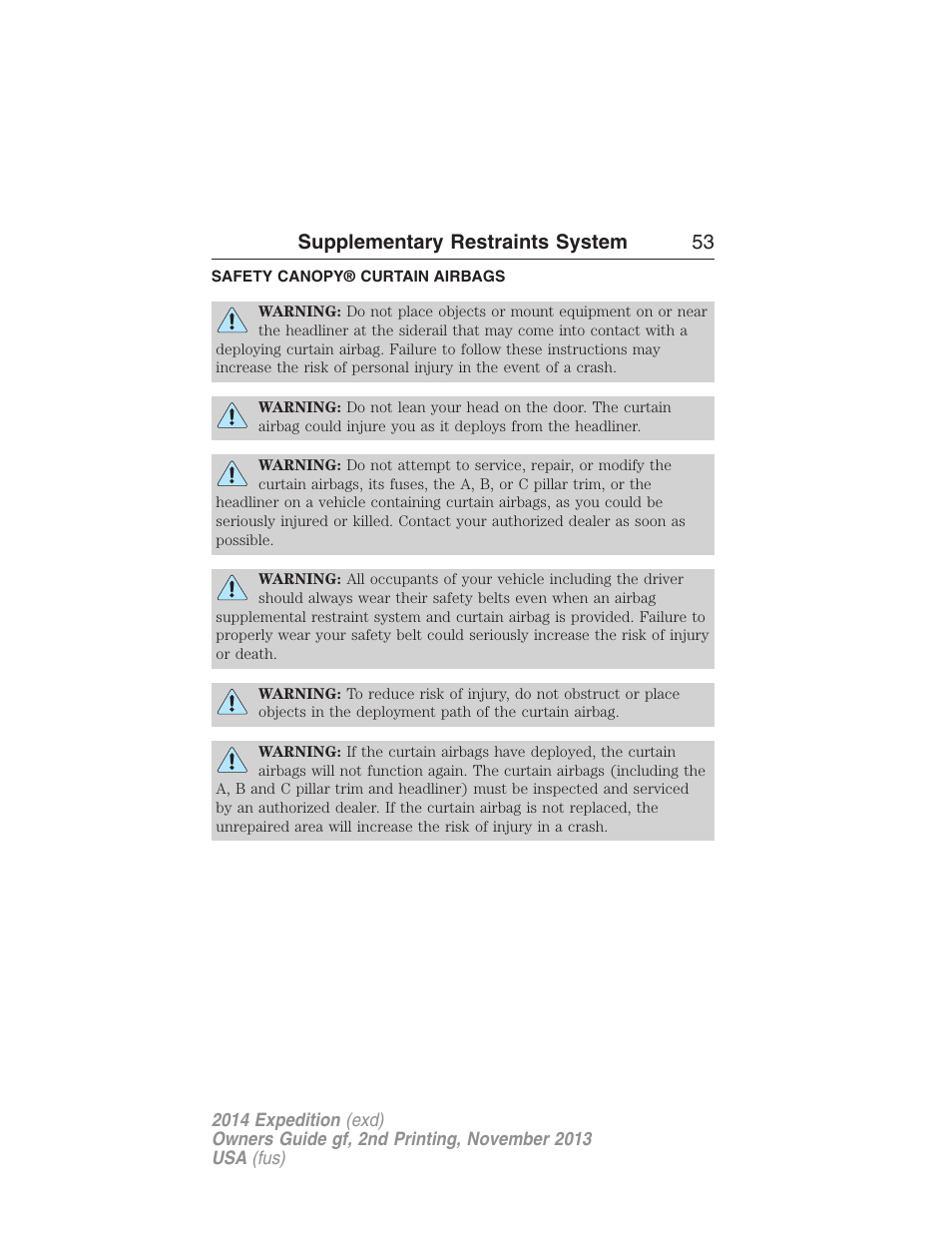Safety canopy® curtain airbags, Safety canopy curtain airbags, Supplementary restraints system 53 | FORD 2014 Expedition v.2 User Manual | Page 54 / 529