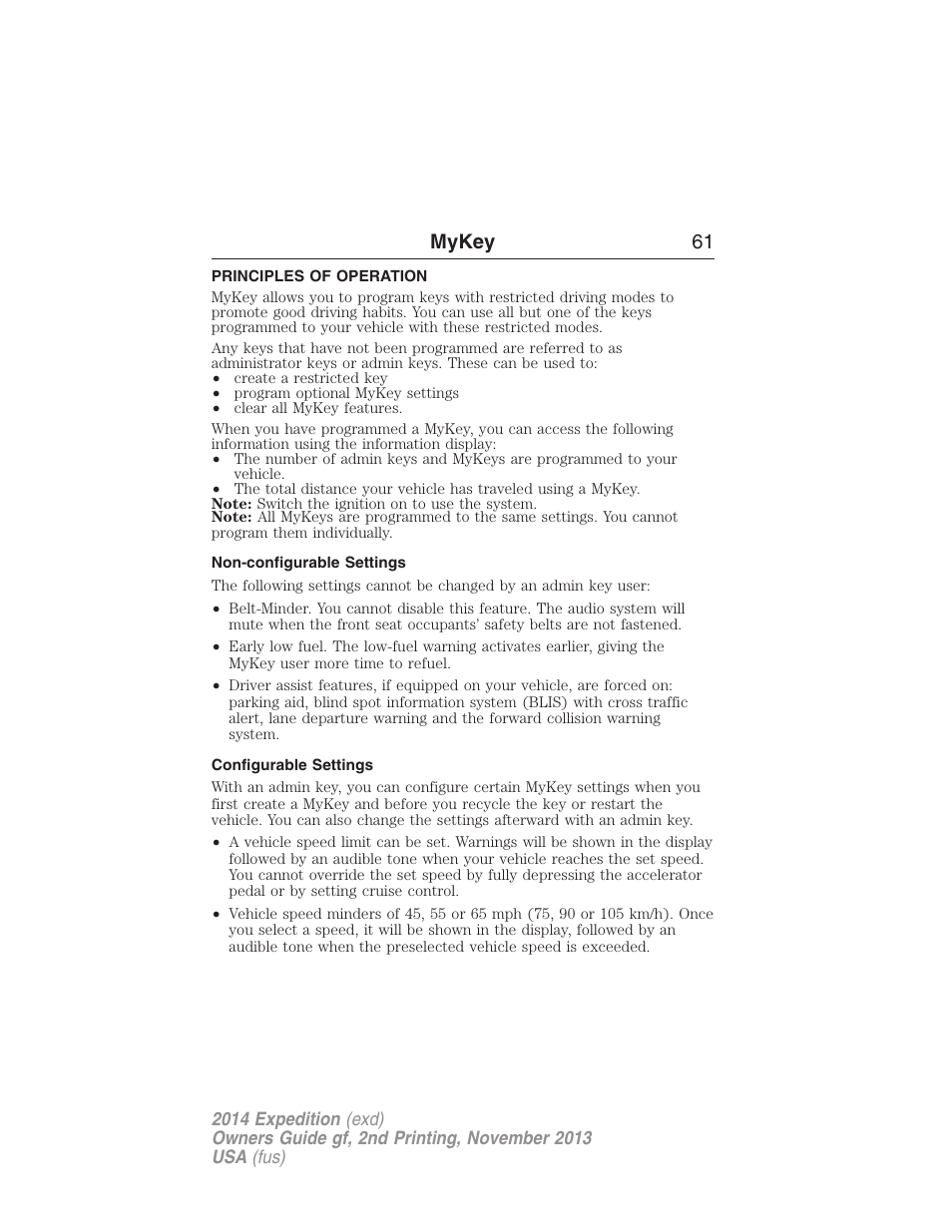 Mykey, Principles of operation, Non-configurable settings | Configurable settings, Settings, mykey, Mykey 61 | FORD 2014 Expedition v.2 User Manual | Page 62 / 529