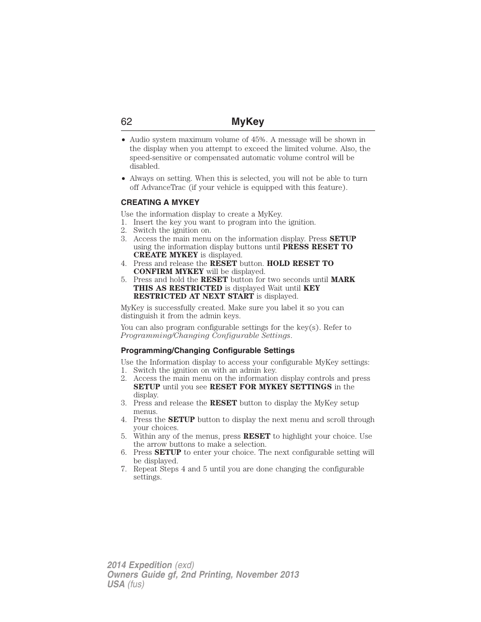 Creating a mykey, Programming/changing configurable settings, Creating | 62 mykey | FORD 2014 Expedition v.2 User Manual | Page 63 / 529