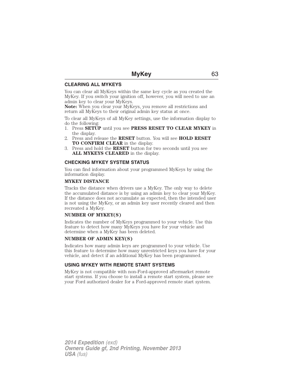 Clearing all mykeys, Checking mykey system status, Using mykey with remote start systems | Clearing, System status, Remote start, mykey, Mykey 63 | FORD 2014 Expedition v.2 User Manual | Page 64 / 529