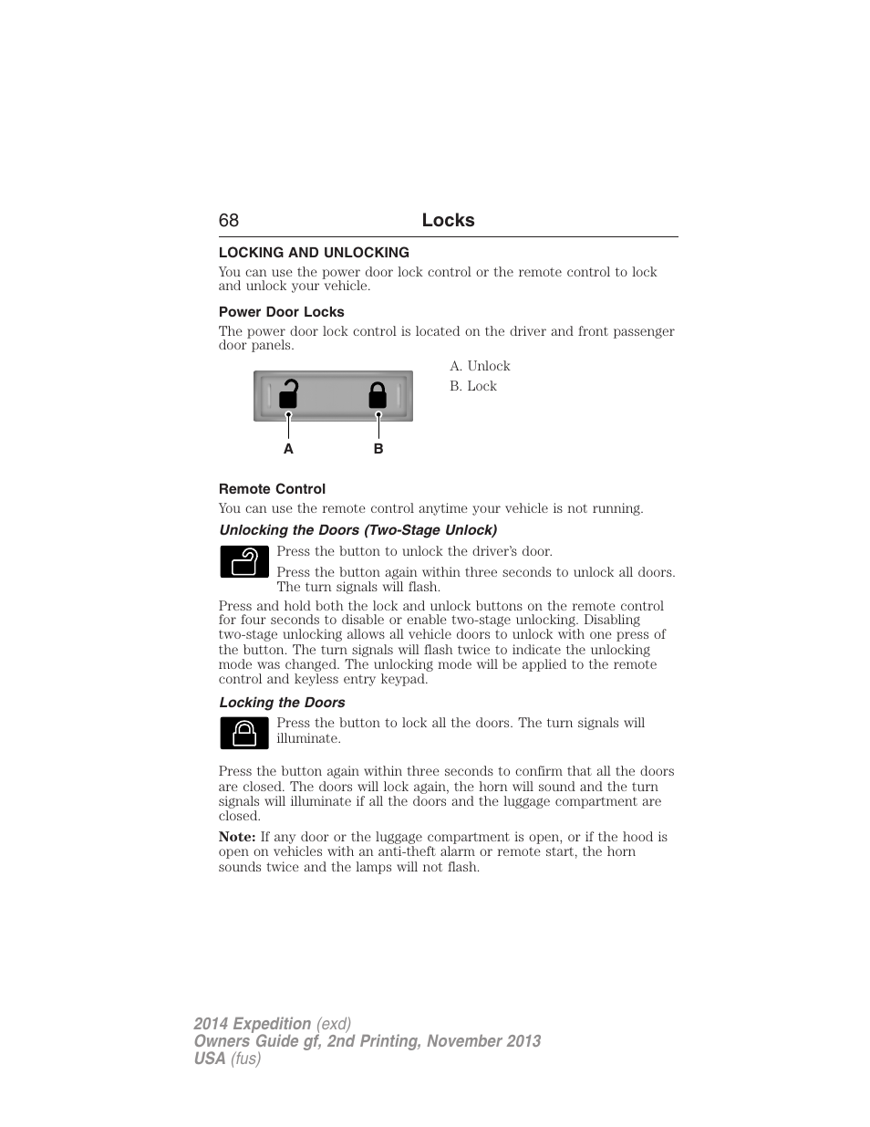 Locks, Locking and unlocking, Power door locks | Remote control, Unlocking the doors (two-stage unlock), Locking the doors, 68 locks | FORD 2014 Expedition v.2 User Manual | Page 69 / 529