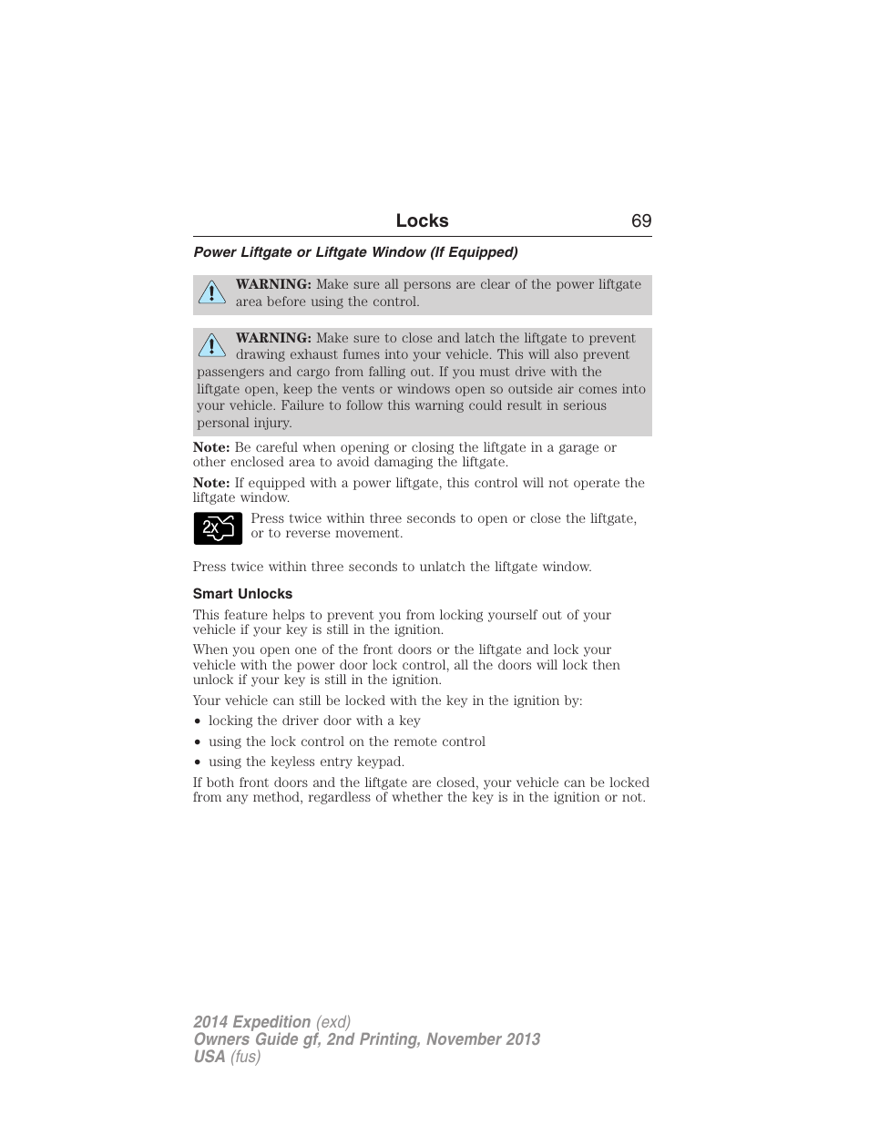 Power liftgate or liftgate window (if equipped), Smart unlocks, Locks 69 | FORD 2014 Expedition v.2 User Manual | Page 70 / 529