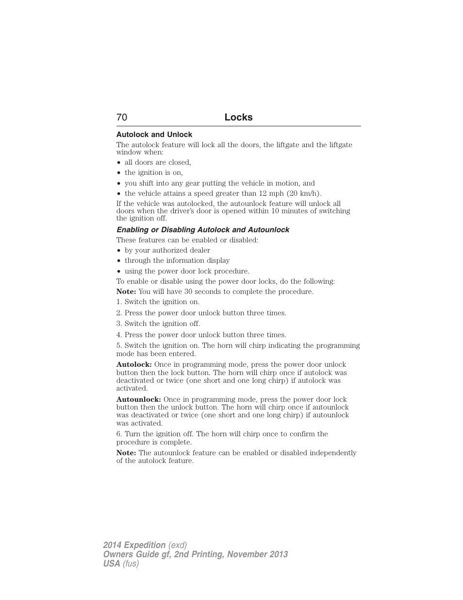 Autolock and unlock, Enabling or disabling autolock and autounlock, 70 locks | FORD 2014 Expedition v.2 User Manual | Page 71 / 529
