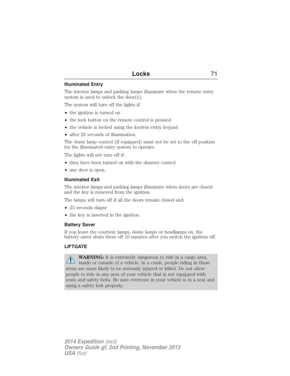 Illuminated entry, Illuminated exit, Battery saver | Liftgate, Locks 71 | FORD 2014 Expedition v.2 User Manual | Page 72 / 529