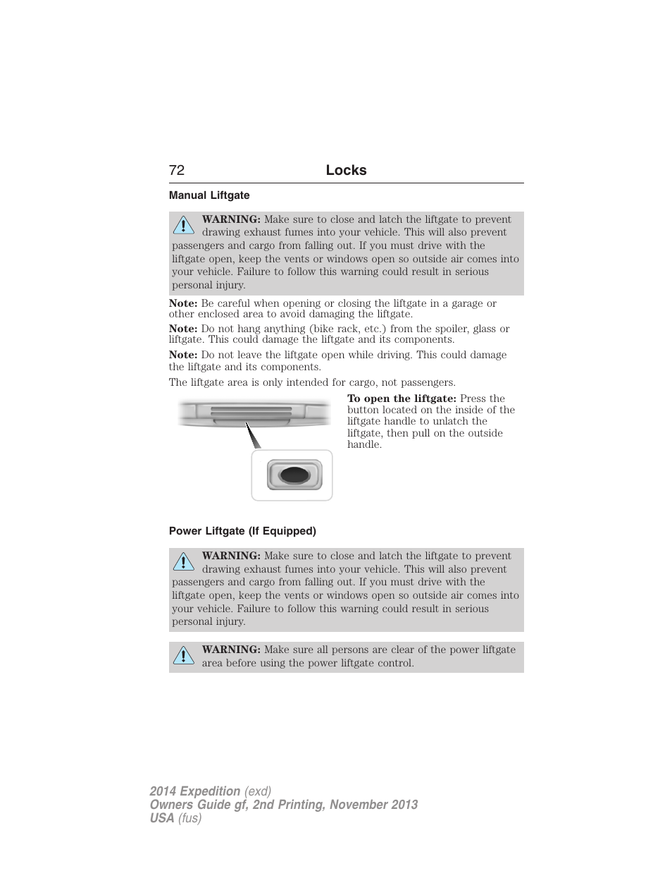 Manual liftgate, Power liftgate (if equipped), 72 locks | FORD 2014 Expedition v.2 User Manual | Page 73 / 529