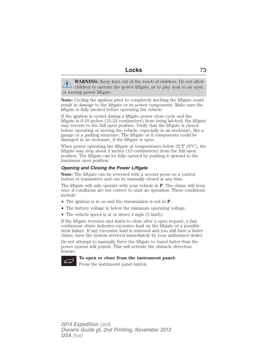 Opening and closing the power liftgate, Locks 73 | FORD 2014 Expedition v.2 User Manual | Page 74 / 529