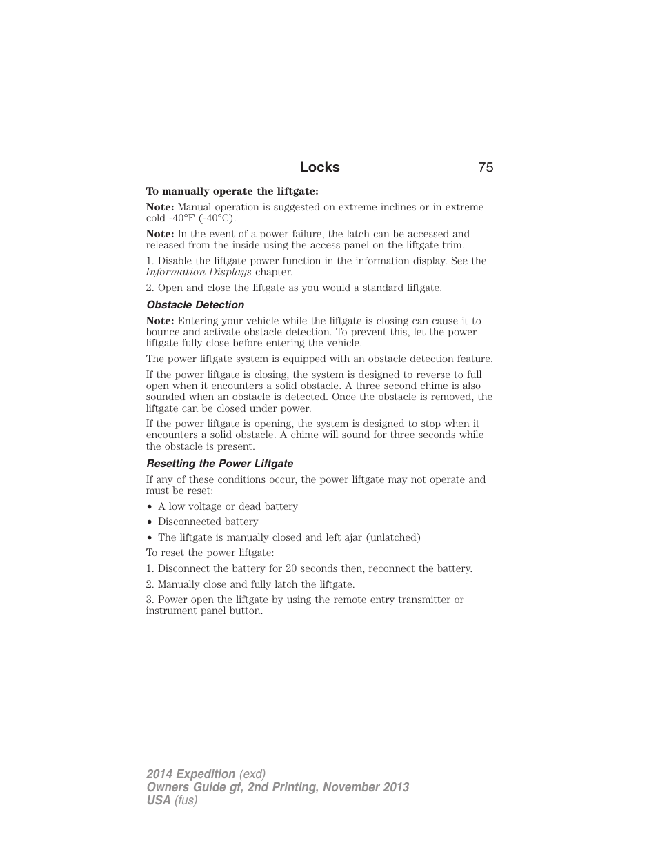 Obstacle detection, Resetting the power liftgate, Locks 75 | FORD 2014 Expedition v.2 User Manual | Page 76 / 529