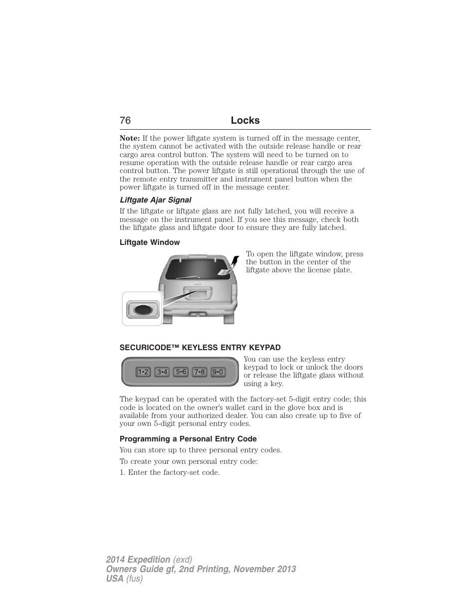 Liftgate ajar signal, Liftgate window, Securicode™ keyless entry keypad | Programming a personal entry code, 76 locks | FORD 2014 Expedition v.2 User Manual | Page 77 / 529