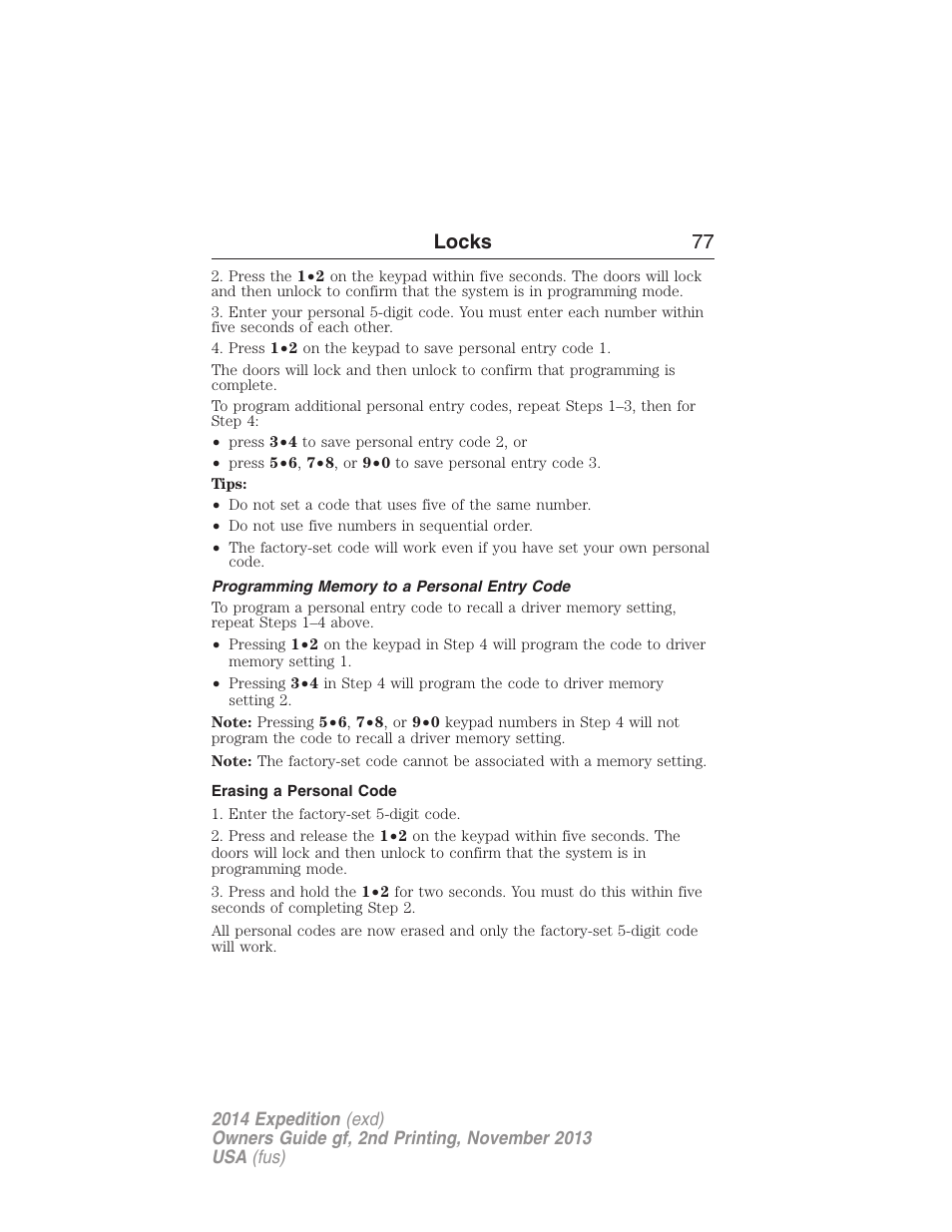 Programming memory to a personal entry code, Erasing a personal code, Locks 77 | FORD 2014 Expedition v.2 User Manual | Page 78 / 529