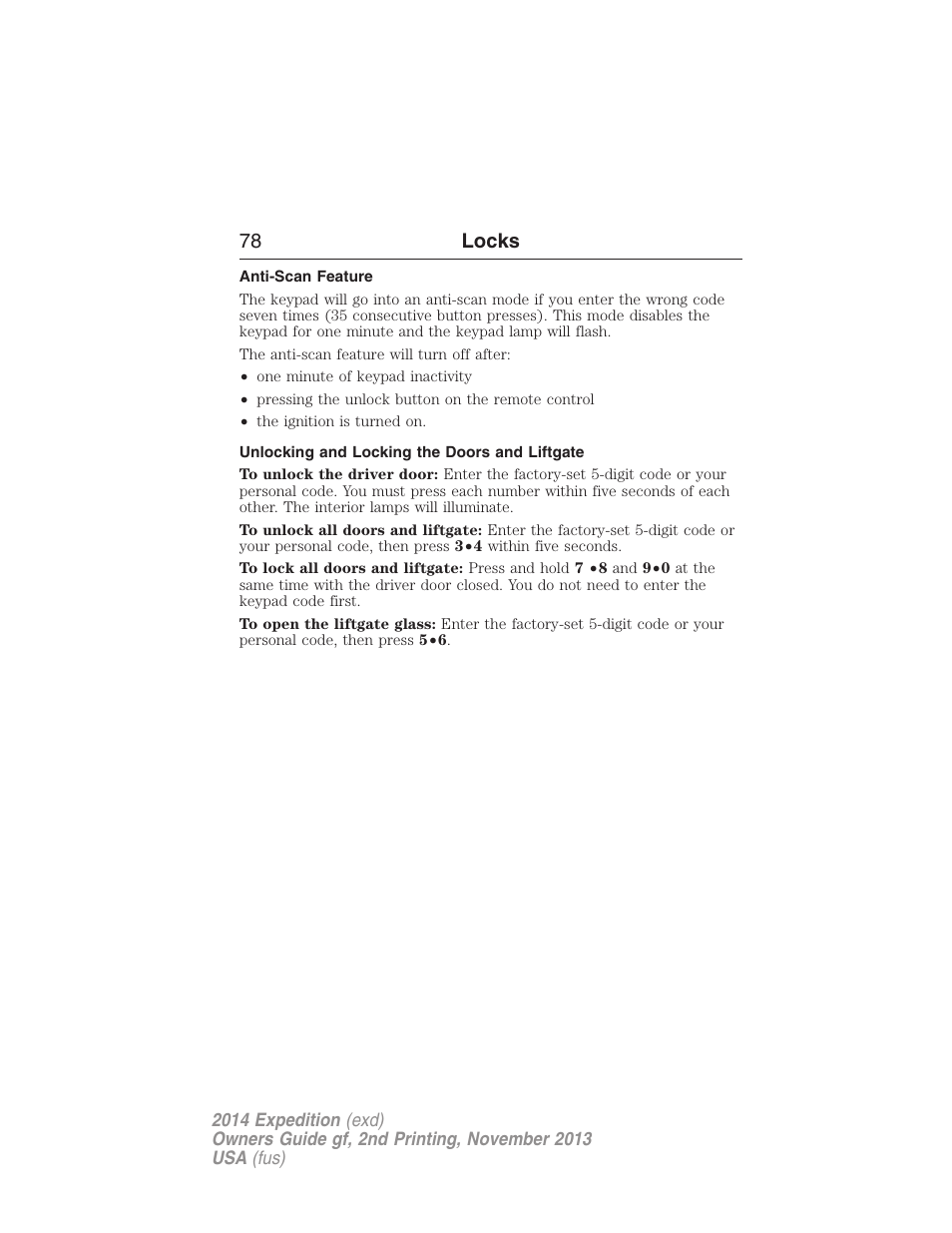 Anti-scan feature, Unlocking and locking the doors and liftgate, 78 locks | FORD 2014 Expedition v.2 User Manual | Page 79 / 529