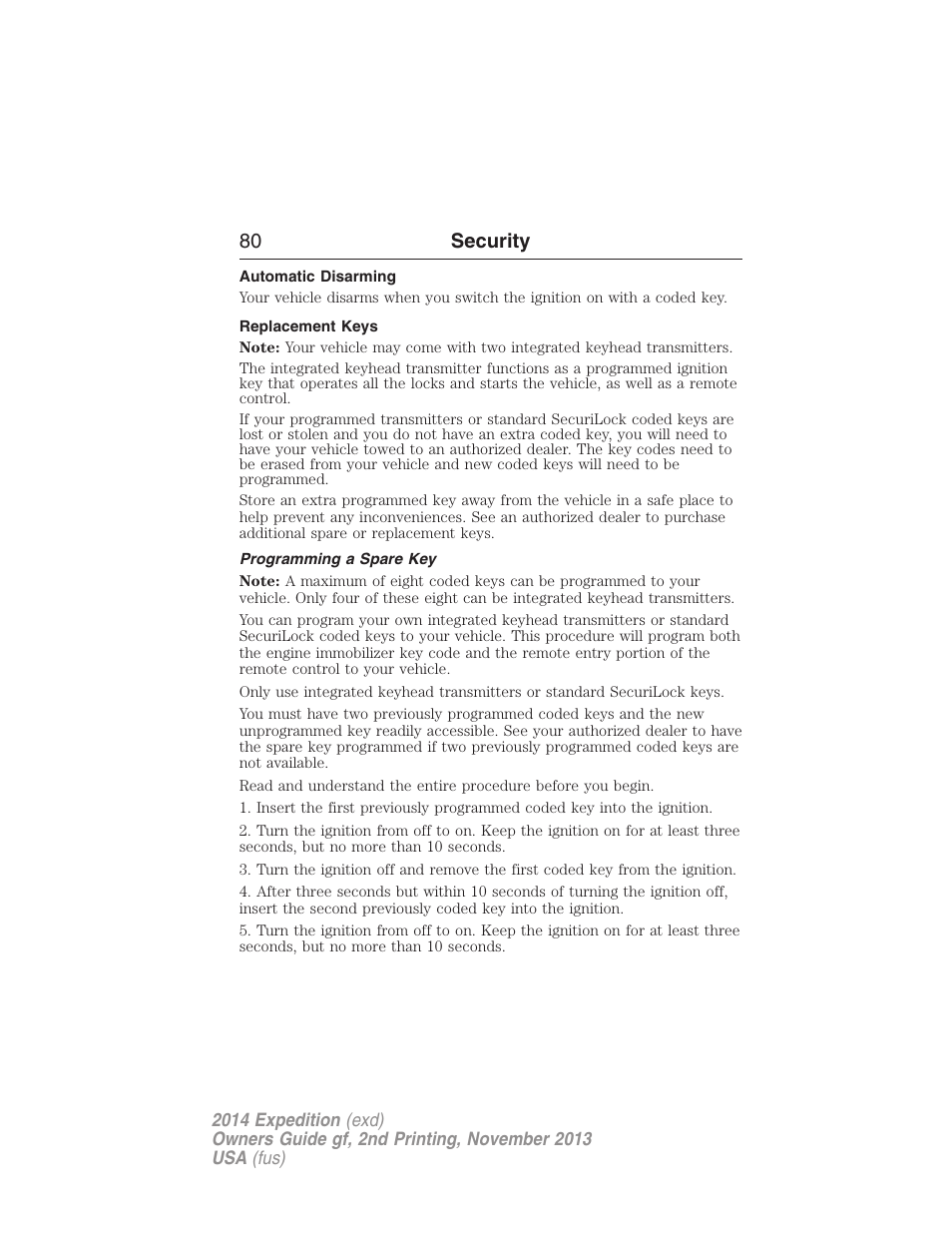 Automatic disarming, Replacement keys, Programming a spare key | 80 security | FORD 2014 Expedition v.2 User Manual | Page 81 / 529