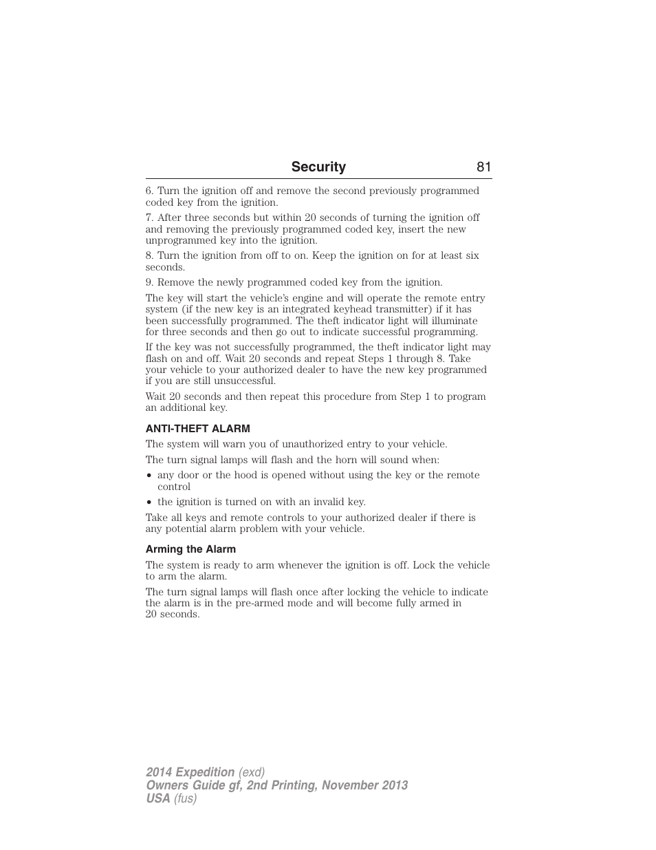 Anti-theft alarm, Arming the alarm, Security 81 | FORD 2014 Expedition v.2 User Manual | Page 82 / 529