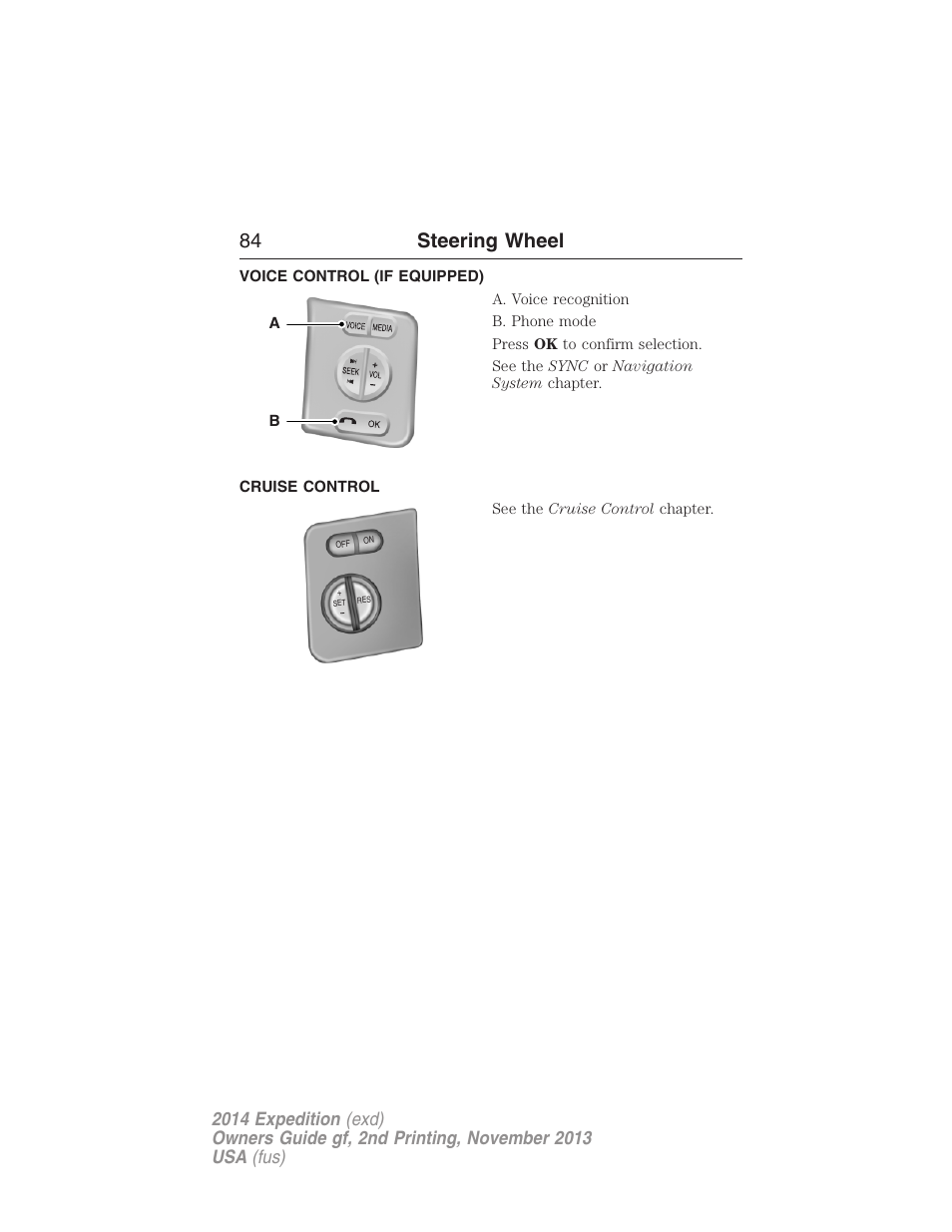 Voice control (if equipped), Cruise control, 84 steering wheel | FORD 2014 Expedition v.2 User Manual | Page 85 / 529
