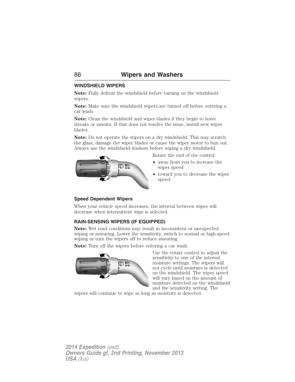 Wipers and washers, Windshield wipers, Speed dependent wipers | Rain-sensing wipers (if equipped), Rain-sensing wipers, 86 wipers and washers | FORD 2014 Expedition v.2 User Manual | Page 87 / 529