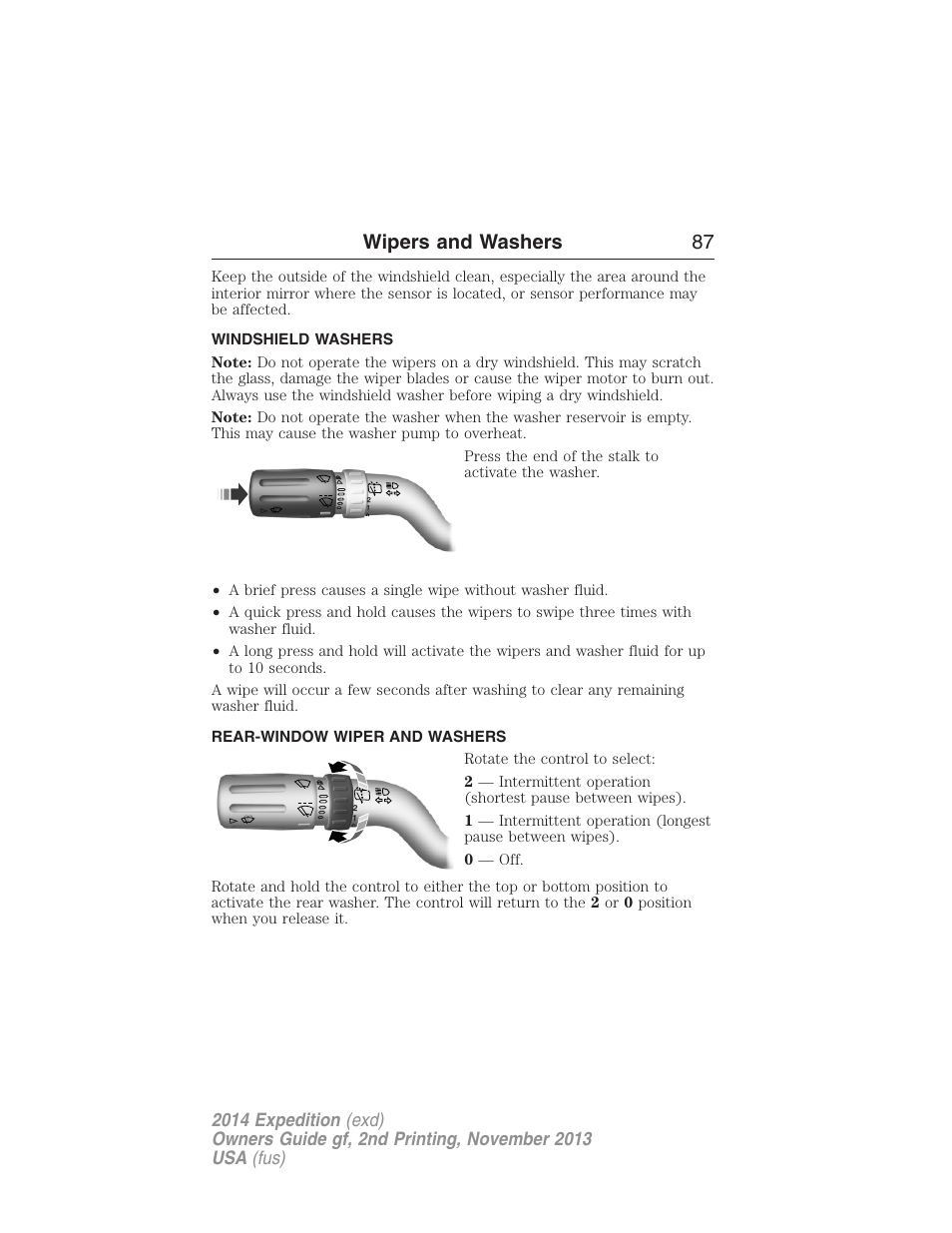 Windshield washers, Rear-window wiper and washers, Rear-window wiper and washer | Wipers and washers 87 | FORD 2014 Expedition v.2 User Manual | Page 88 / 529