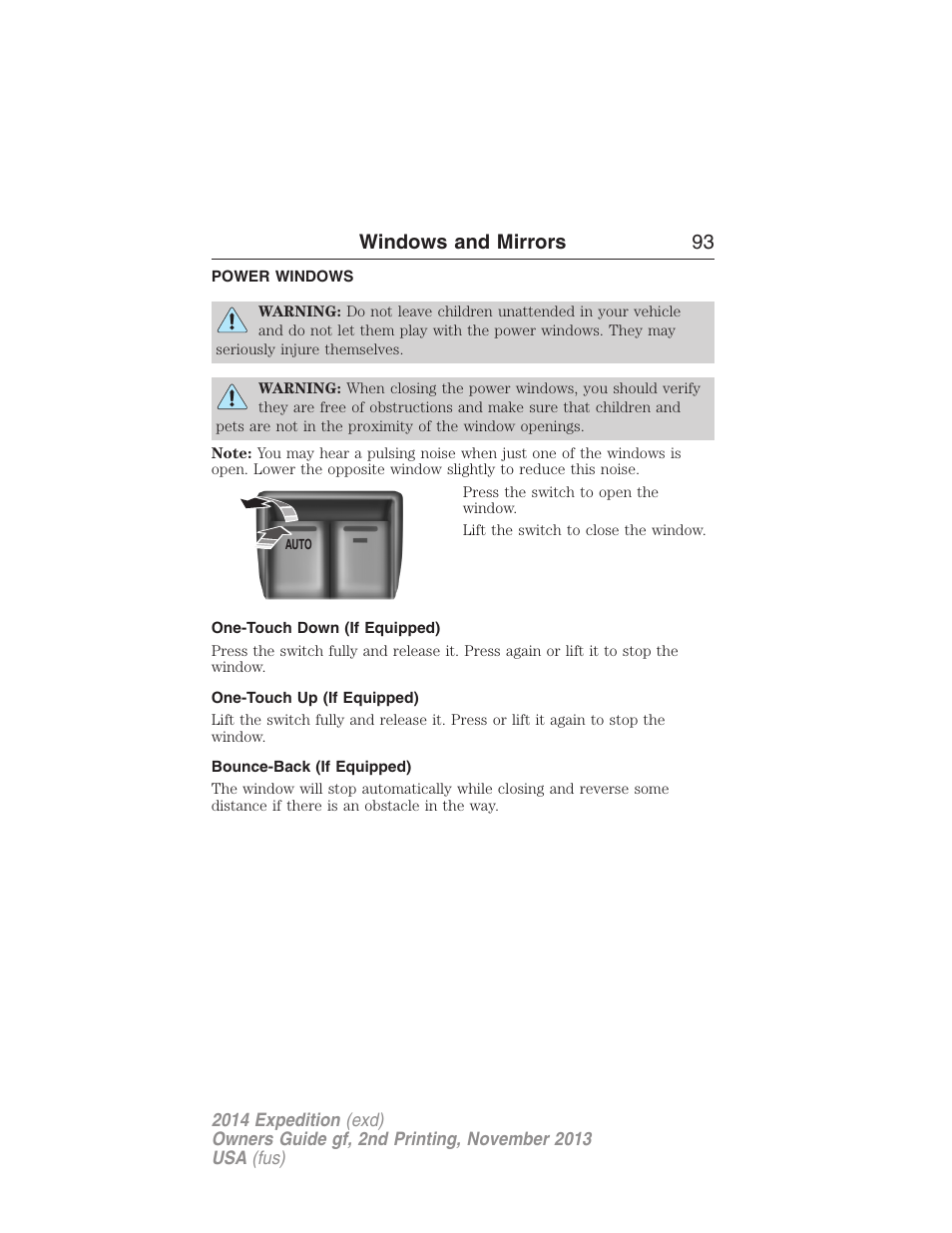 Windows and mirrors, Power windows, One-touch down (if equipped) | One-touch up (if equipped), Bounce-back (if equipped), Windows and mirrors 93 | FORD 2014 Expedition v.2 User Manual | Page 94 / 529