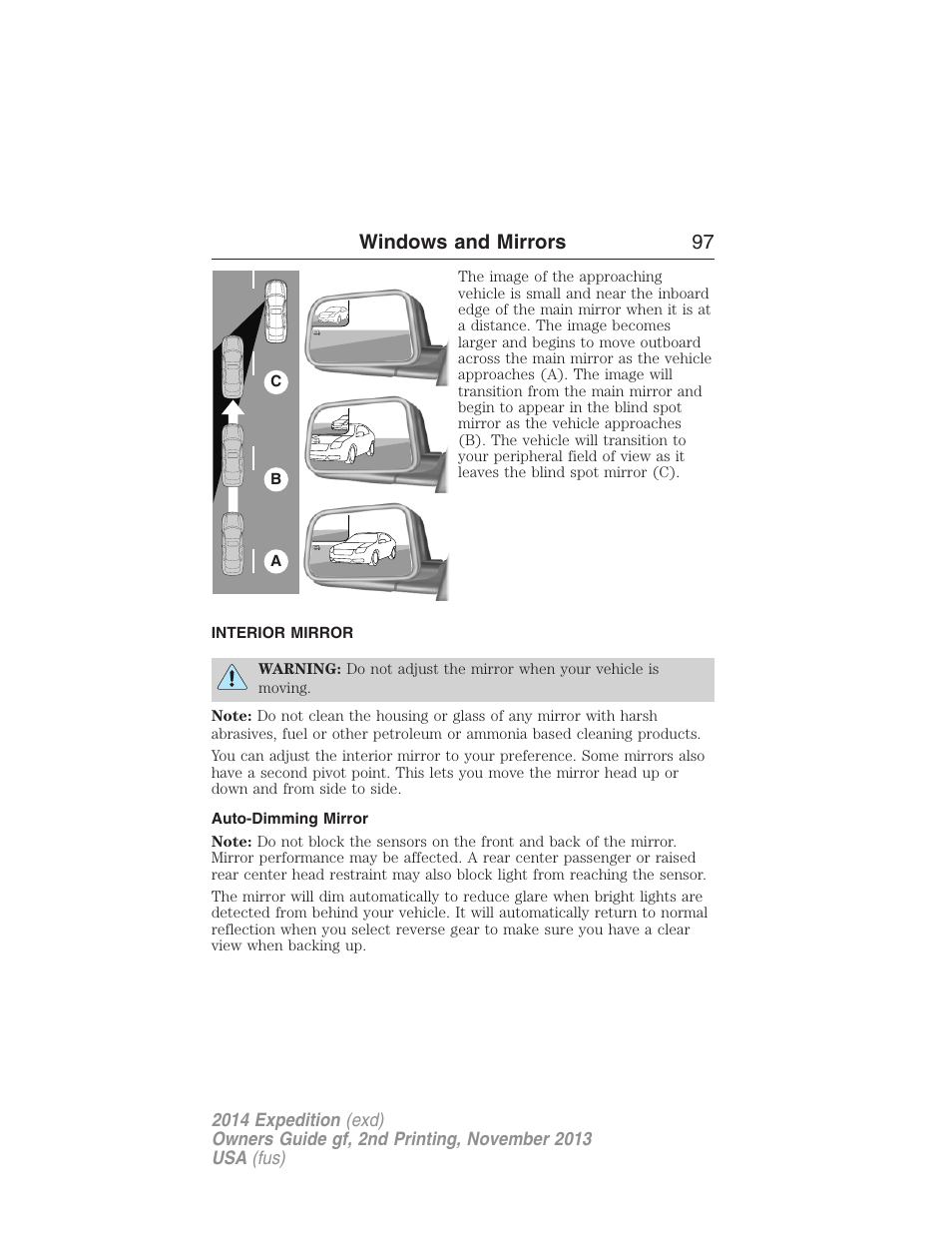 Interior mirror, Auto-dimming mirror, Interior mirrors | Windows and mirrors 97 | FORD 2014 Expedition v.2 User Manual | Page 98 / 529