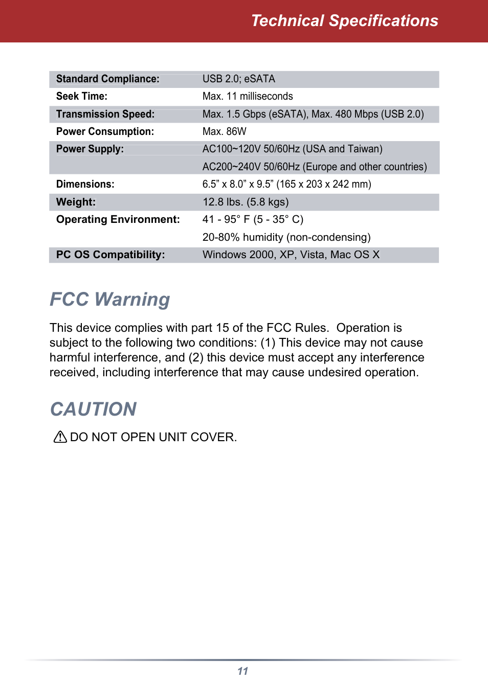 Fcc warning, Caution, Technical specifications | Buffalo Technology HD-QSTSU2/R5 User Manual | Page 11 / 12