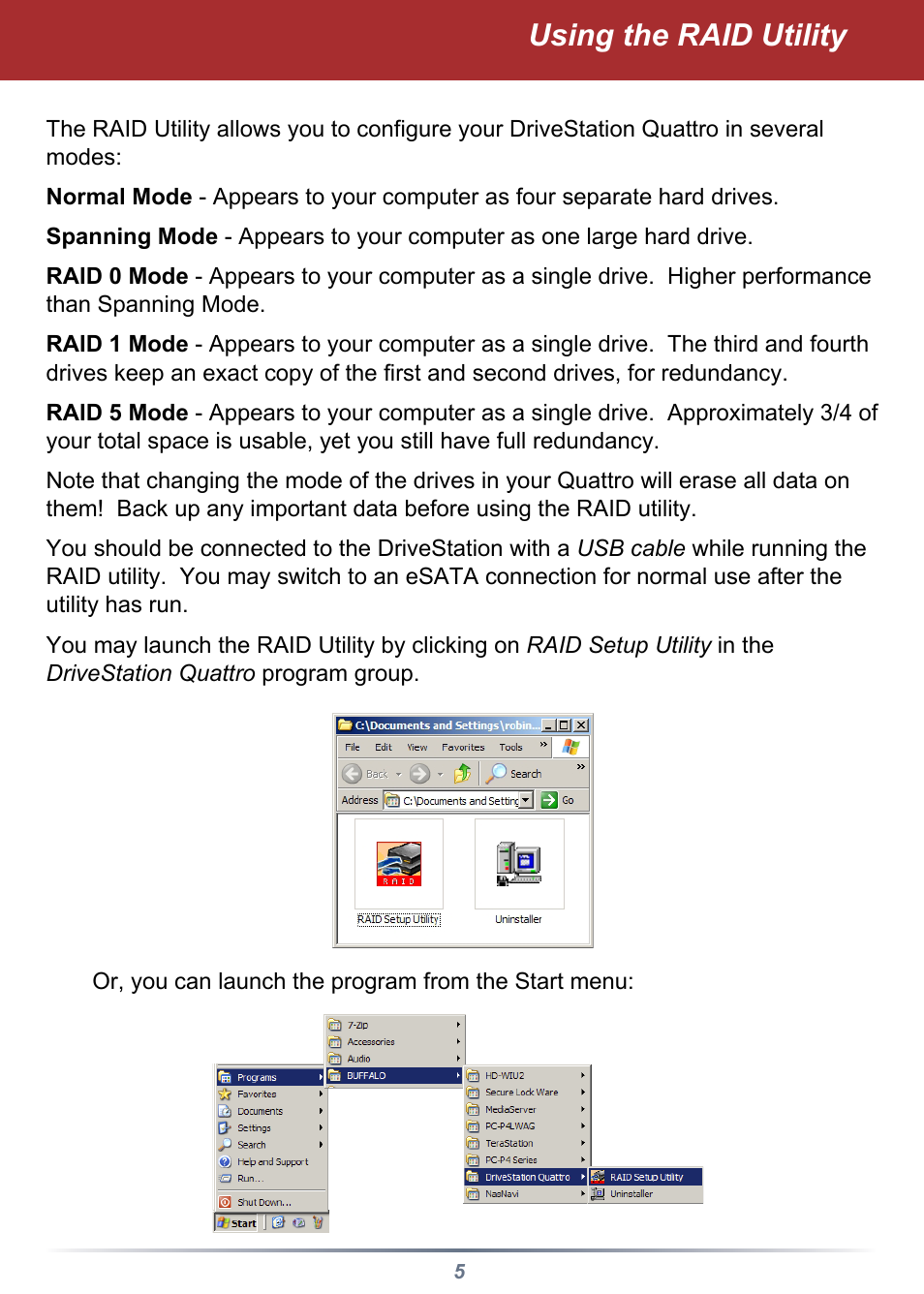 Using the raid utility | Buffalo Technology HD-QSTSU2/R5 User Manual | Page 5 / 12