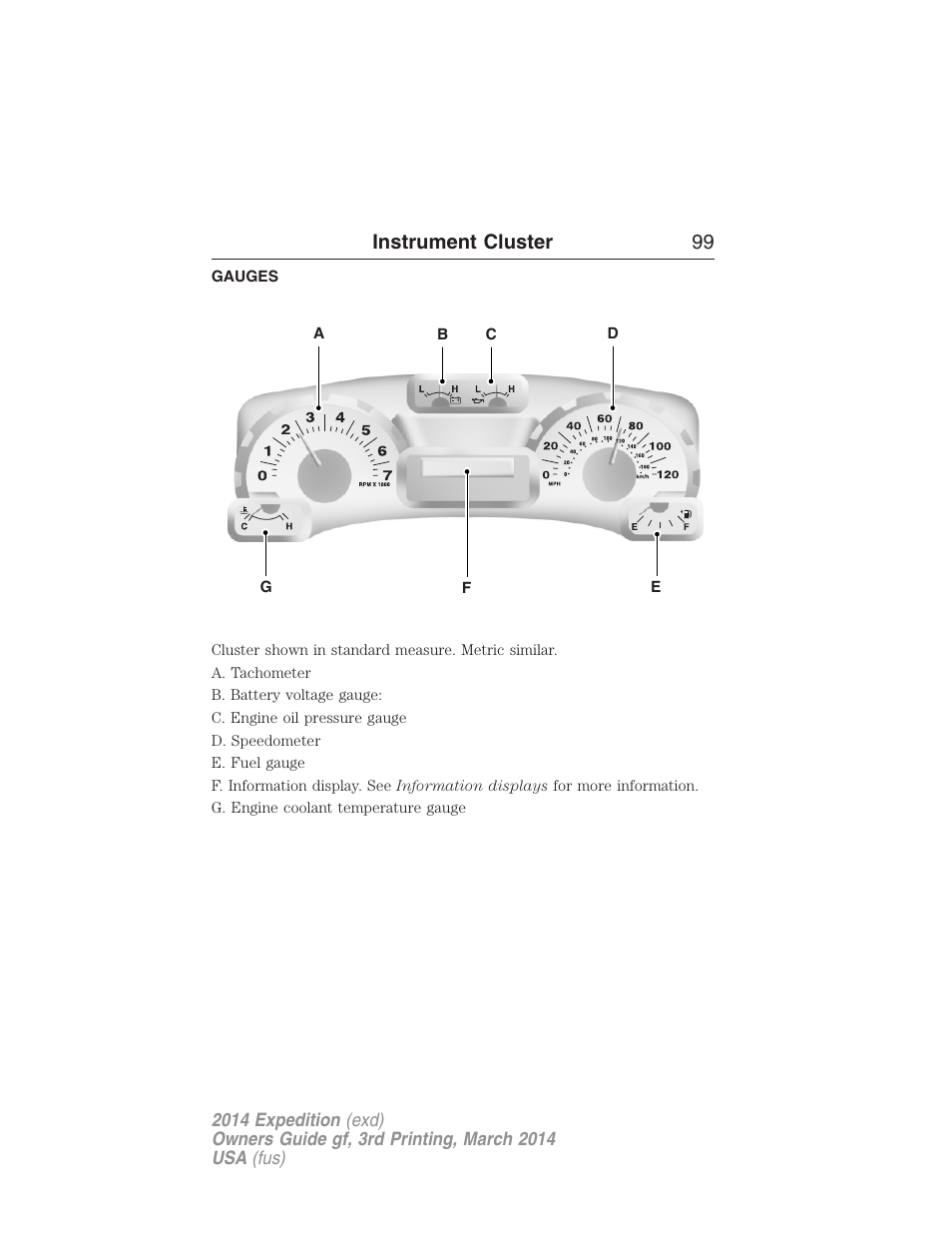Instrument cluster, Gauges, Instrument cluster 99 | FORD 2014 Expedition v.3 User Manual | Page 100 / 520