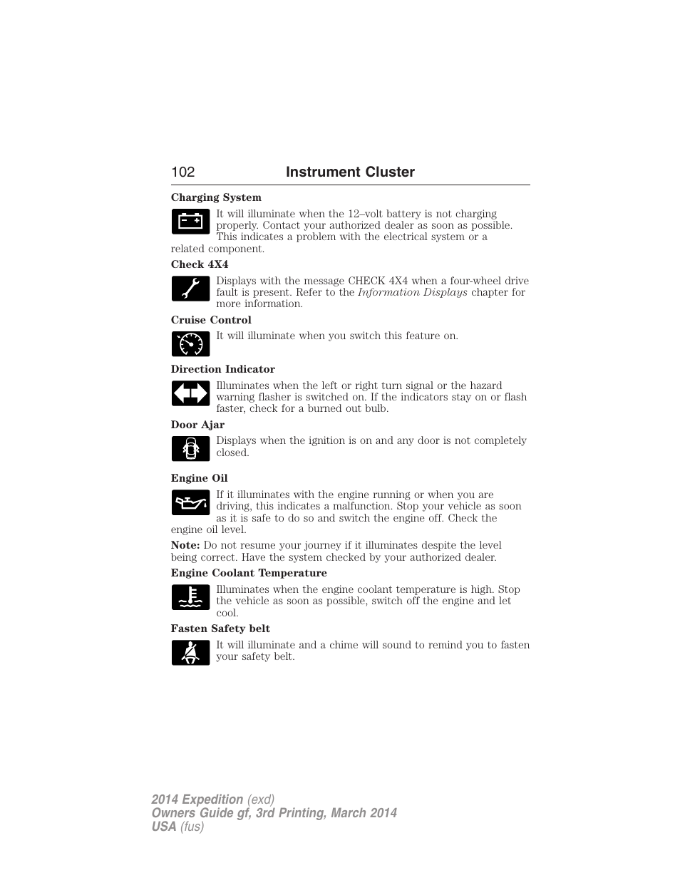 102 instrument cluster | FORD 2014 Expedition v.3 User Manual | Page 103 / 520