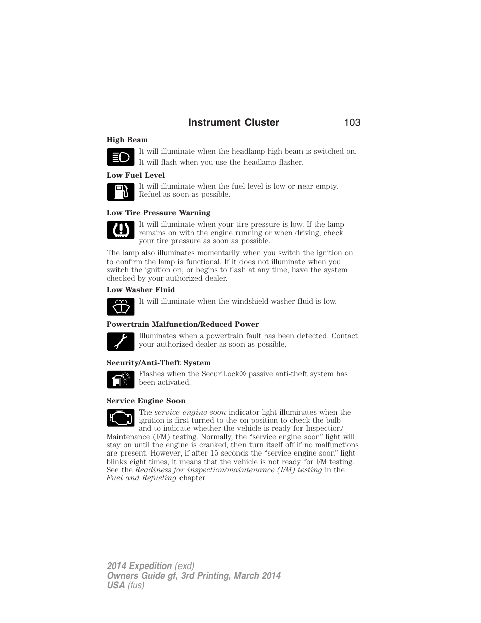 Instrument cluster 103 | FORD 2014 Expedition v.3 User Manual | Page 104 / 520