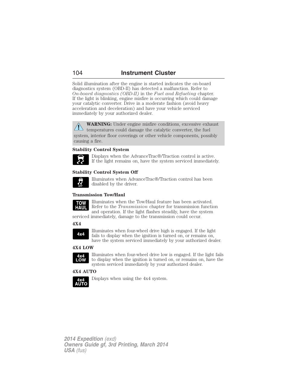 104 instrument cluster | FORD 2014 Expedition v.3 User Manual | Page 105 / 520