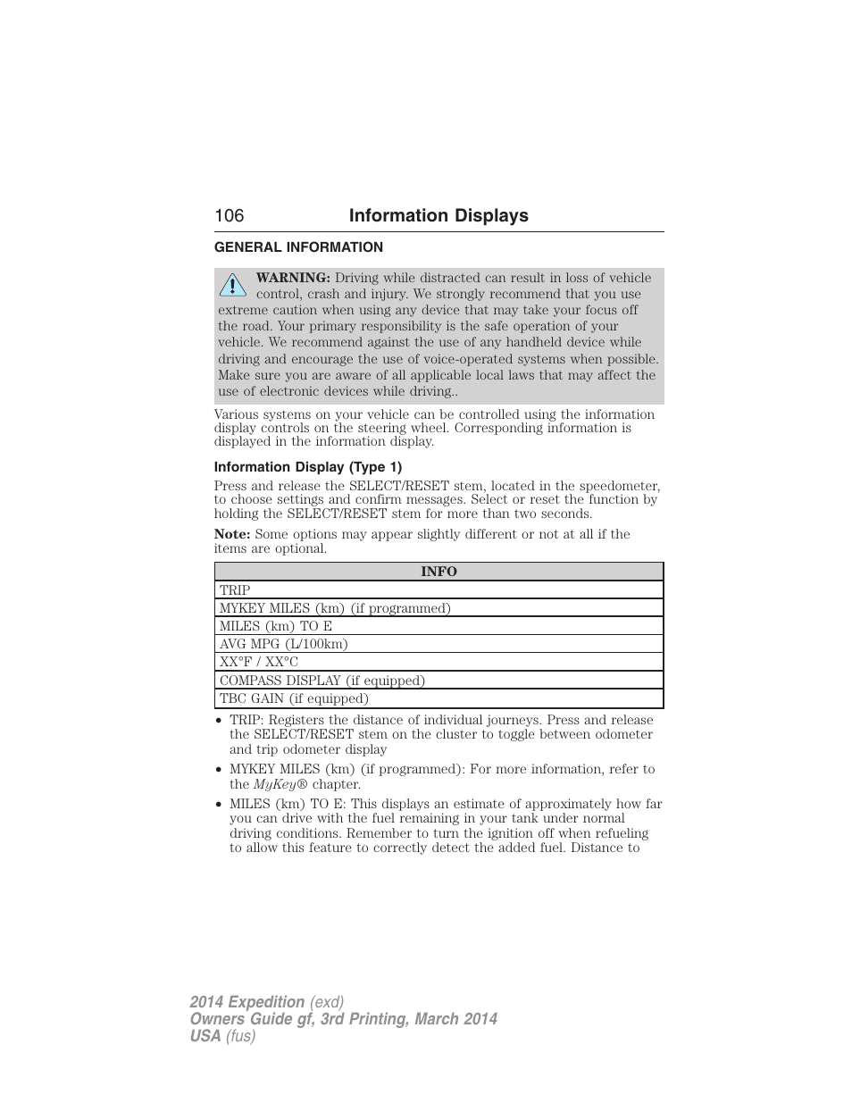 Information displays, General information, Information display (type 1) | Controls, 106 information displays | FORD 2014 Expedition v.3 User Manual | Page 107 / 520